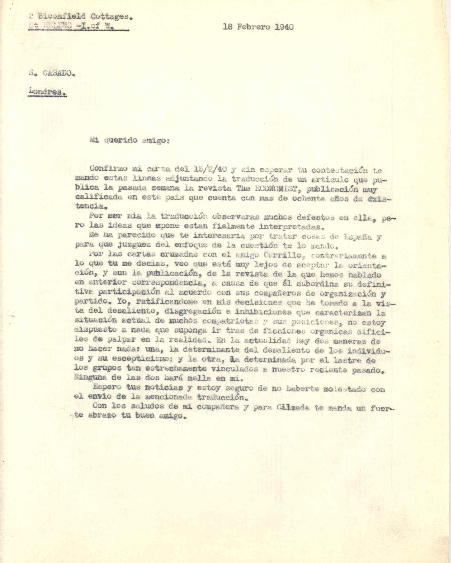 Carta a Segismundo Casado en la que cuenta que Wenceslao Carrillo no está deacuerdo con la orientación que se le dará a la revista.