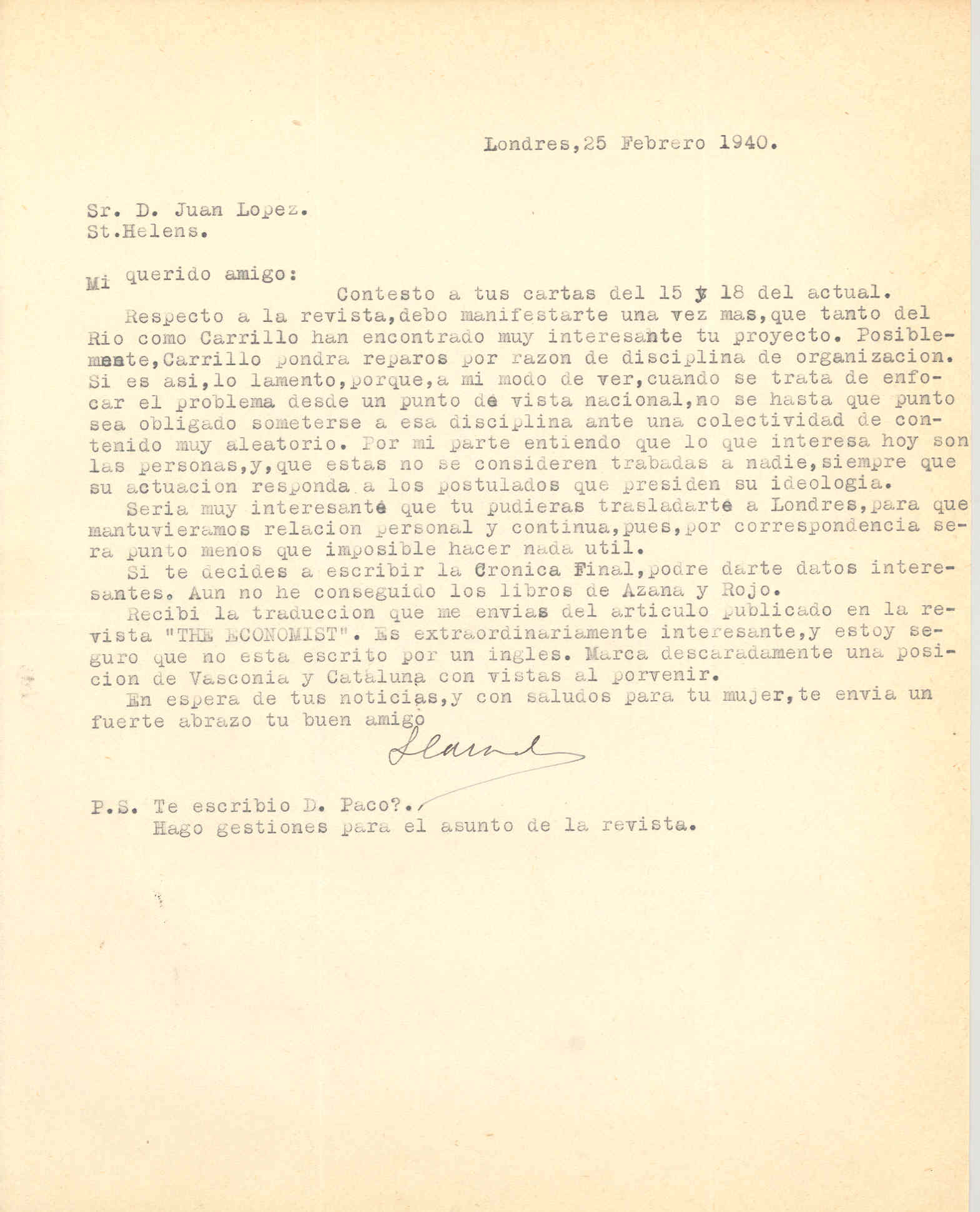 Carta de Segismundo Casado afirmando que tanto a Wenceslao Carrillo como a José del Río les interesa la idea de crear una revista dedicada a los problemas de España.