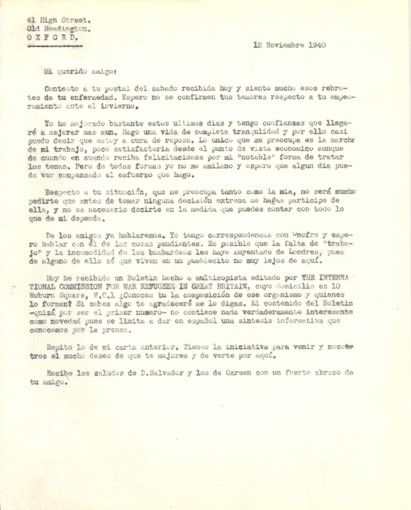 Carta a Segismundo Casado en la que ofrece su colaboración y habla de un boletín editado por The International Commission For War Refugees In Great Britain.