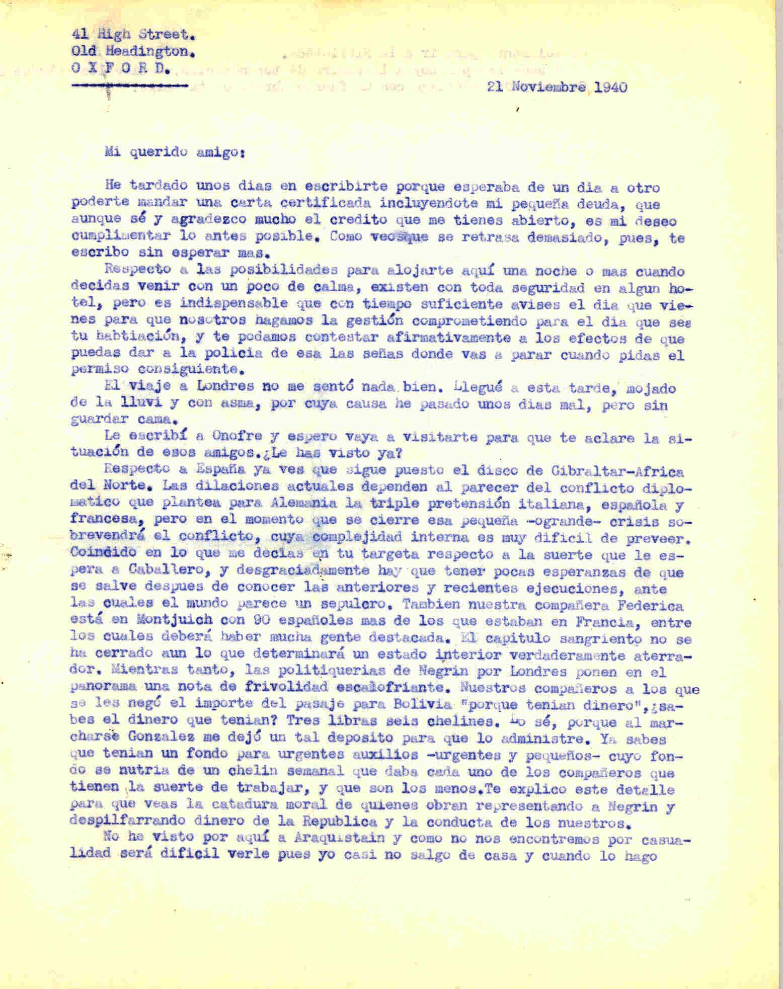 Carta a Segismundo Casado comentando el conflicto diplomático que plantea para Alemania la triple pretensión italiana, española y francesa.