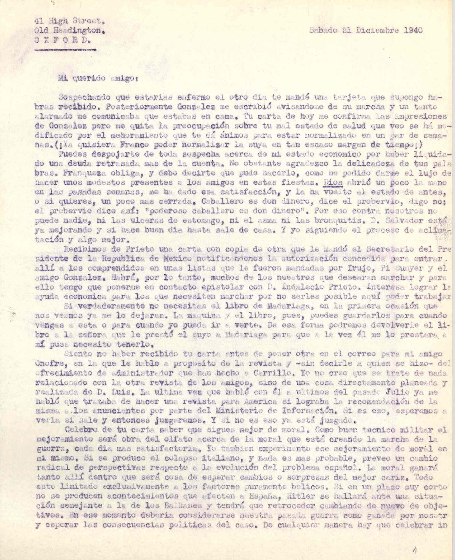 Carta a Segismundo Casado hablando de una carta recibida por Prieto del secretario del Presidente de la República de México en la que dan autorización para entrar en ese país.