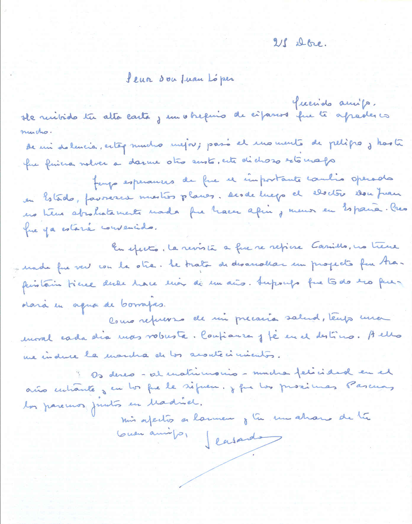 Carta de Segismundo Casado hablando del importante cambio de Estado y de estado de salud.