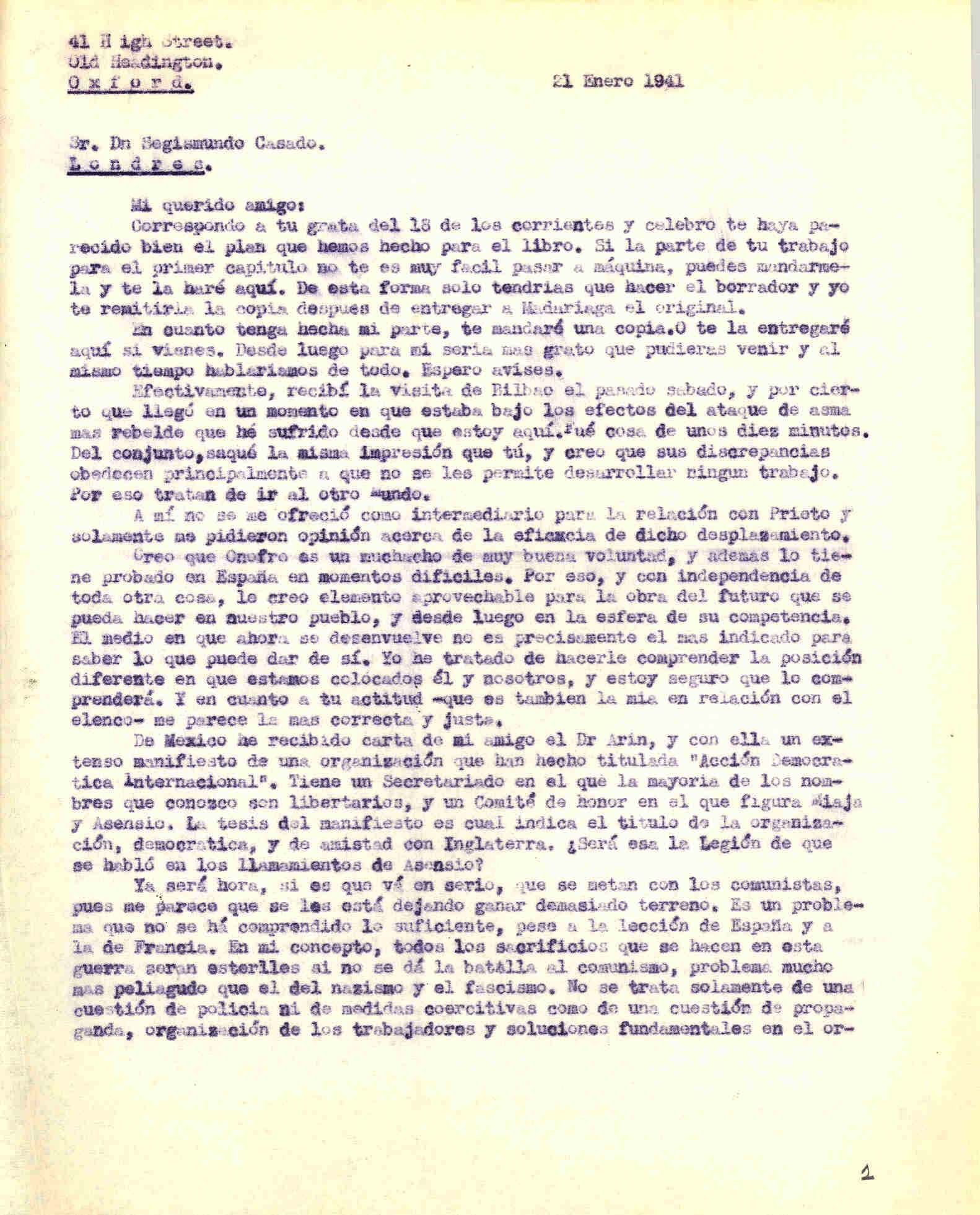 Carta a Segismundo Casado hablando de un manifiesto enviado por Arín desde México, publicado por Acción Democrática y del proyecto del libro con Madariaga y Casado.