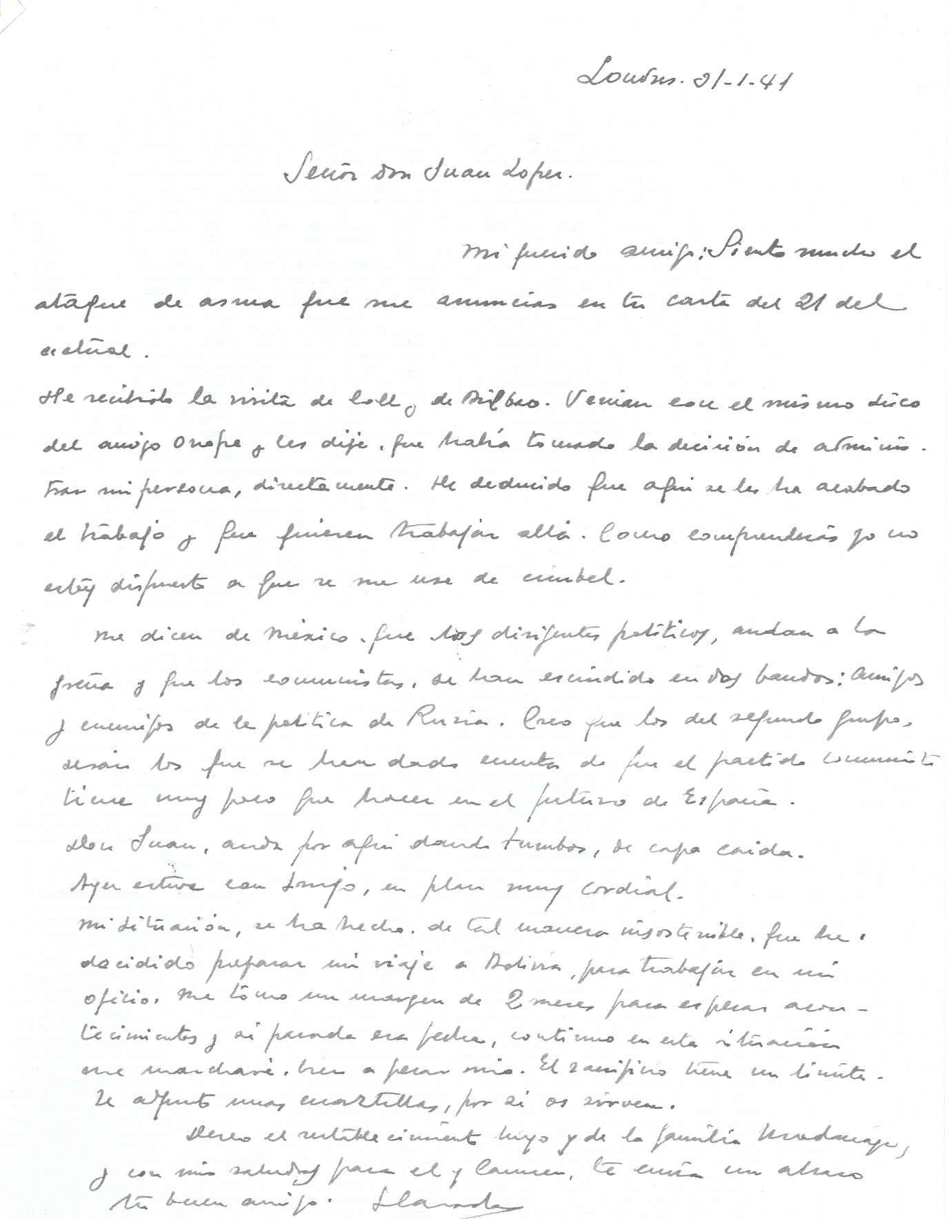 Carta de Segismundo Casado hablando de la visita de Coll y Bilbao y de la escisión en México de los comunistas divididos en dos bando: simpatizantes y enemigos de la política rusa.