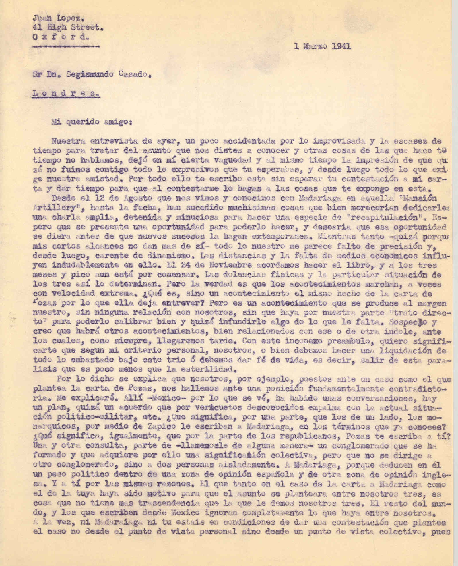 Carta a Segismundo Casado en la que explica la situación en México entre monárquicos y republicanos.