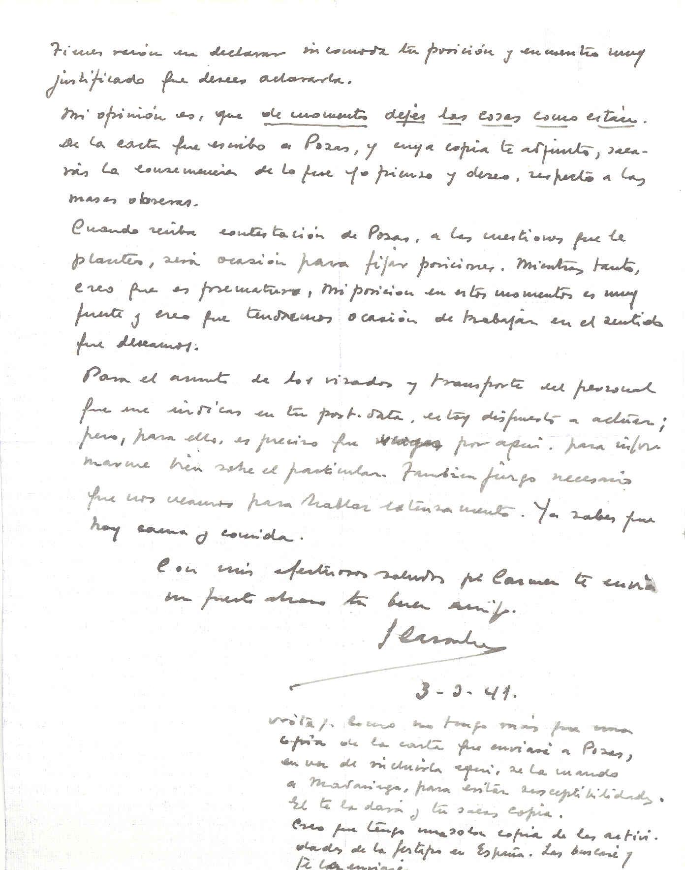 Carta de Segismundo Casado contando que no están ligados a Acción Democrática y que sus ideas son contrarias a las de Madariaga.