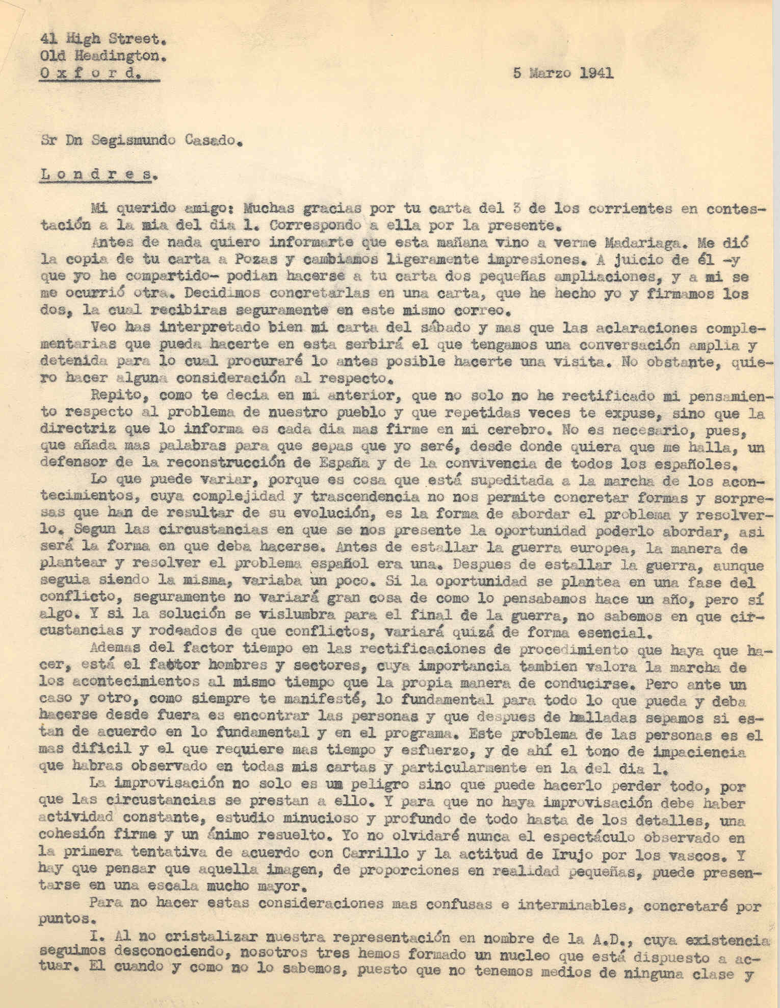 Carta a Segismundo Casado confirmando que él siempre será un defensor de la reconstrucción de España y de la convivencia de todos los españoles.