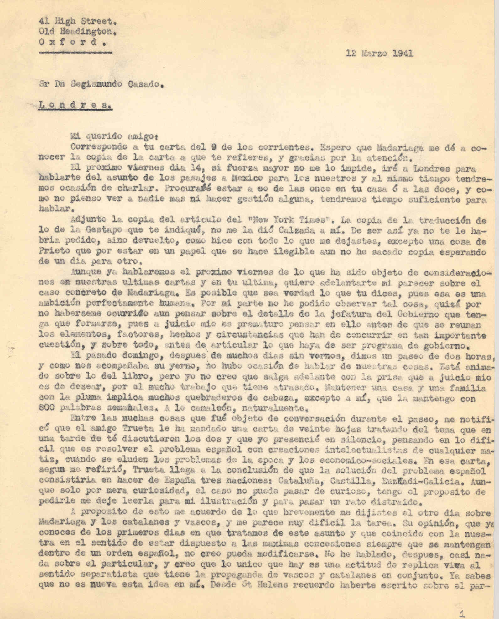 Carta a Segismundo Casado criticando la idea de solucionar el problema español dividiendo a España en naciones.