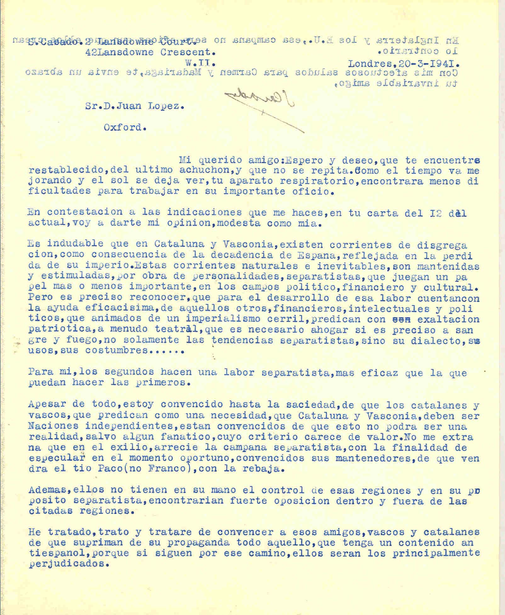 Carta de Segismundo Casado opinando sobre la labor separatista realizada por vascos y catalanes.