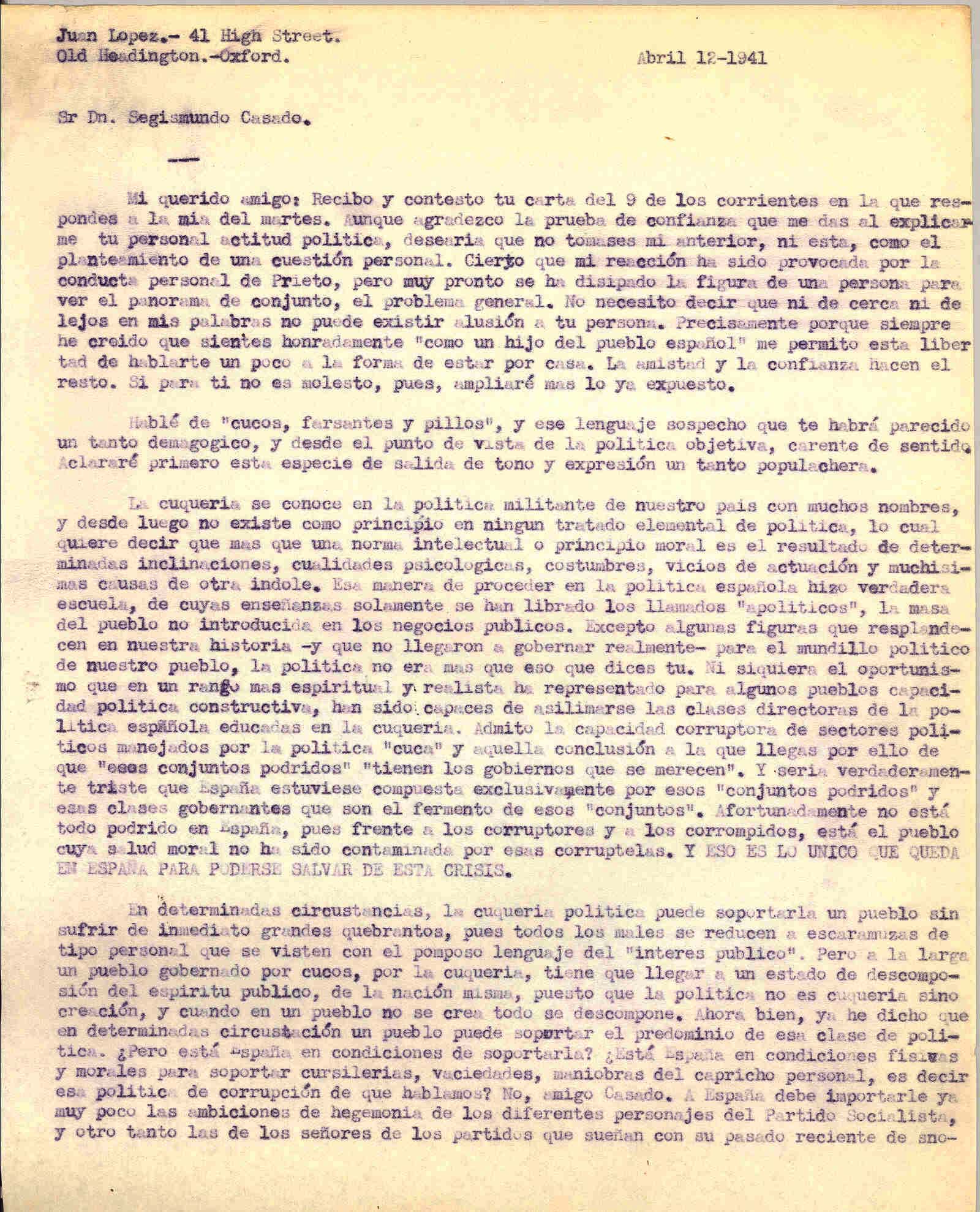 Carta a Segismundo Casado comentando la poca convivencia en la política en España, el nombramiento de Pi i Sunyer como representante de la JARE y los errores cometidos en la política en España ante los hechos de Negrín.