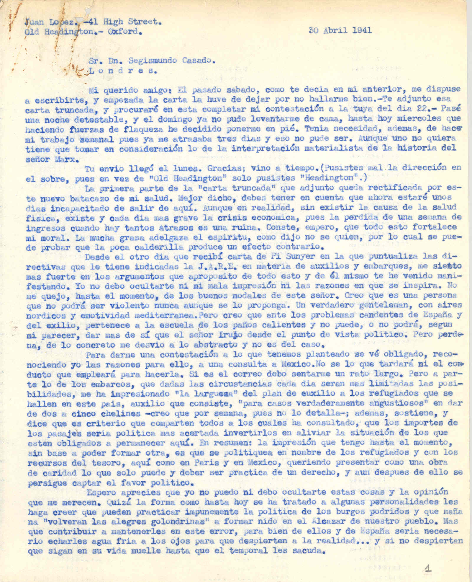 Carta a Segismundo Casado hablando del plan de auxilio a los refugiados que se hace en México y de la diferencia entre Acción directa y totalitarismo, también del libro proyectado junto con Madariaga y Casado.