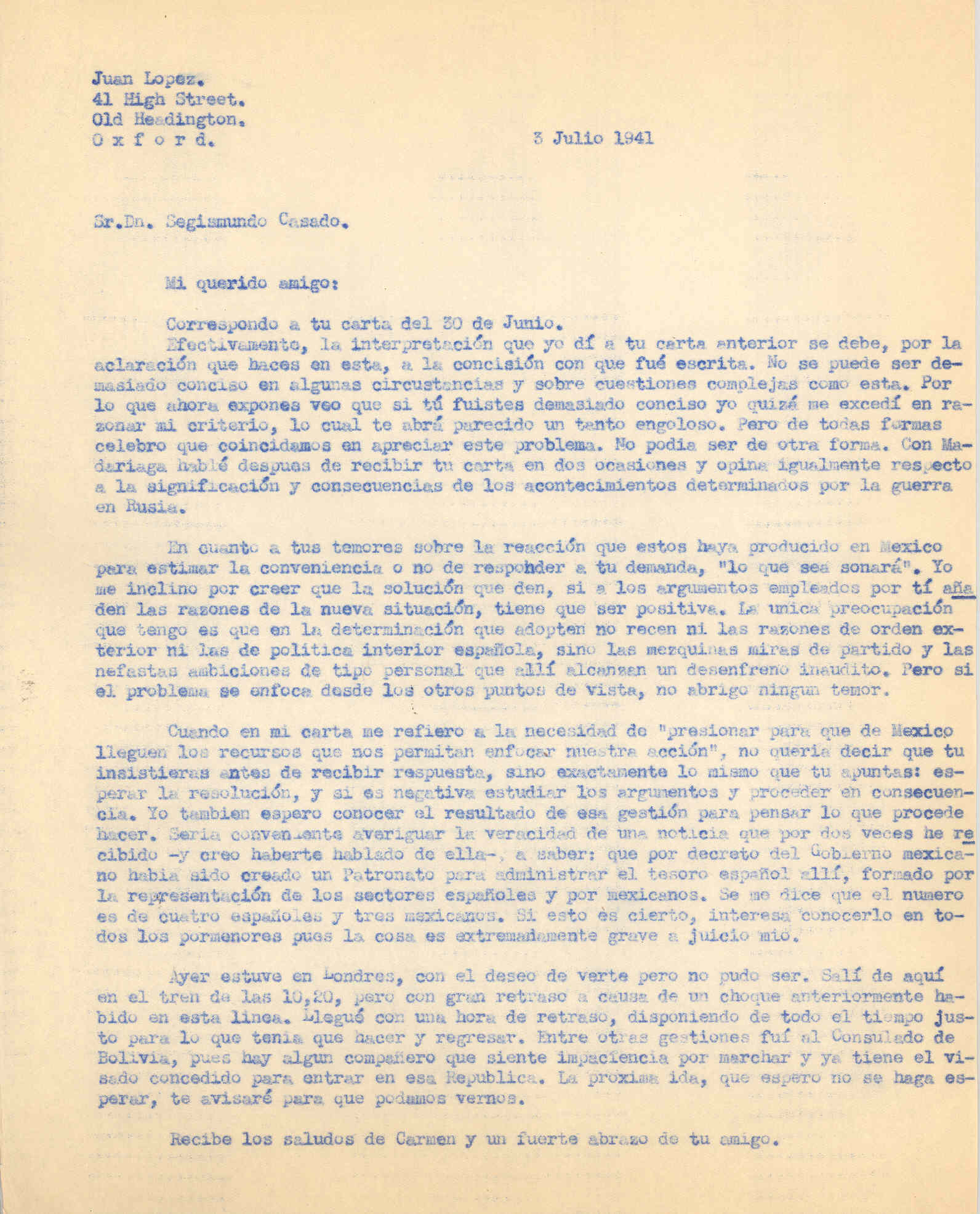 Carta a Segismundo Casado en la que cuenta noticias de México, como la creación de un Patronato para administrar el tesoro español allí, formado por españoles y méxicanos.