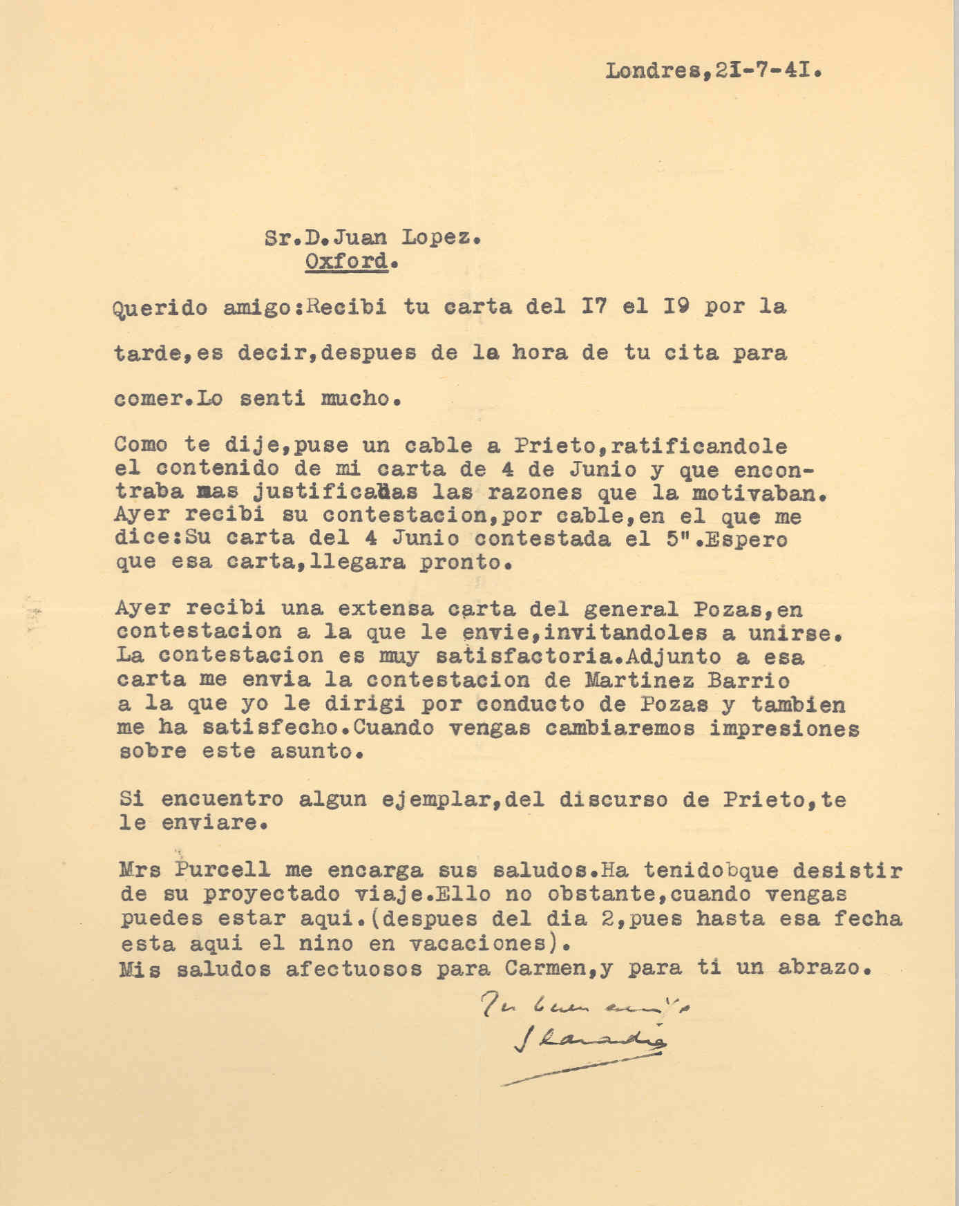 Carta de Segismundo Casado en la que habla de cartas enviadas y recibidas a Prieto, Martínez Barrio y al General Pozas, al cual invita a unirse.