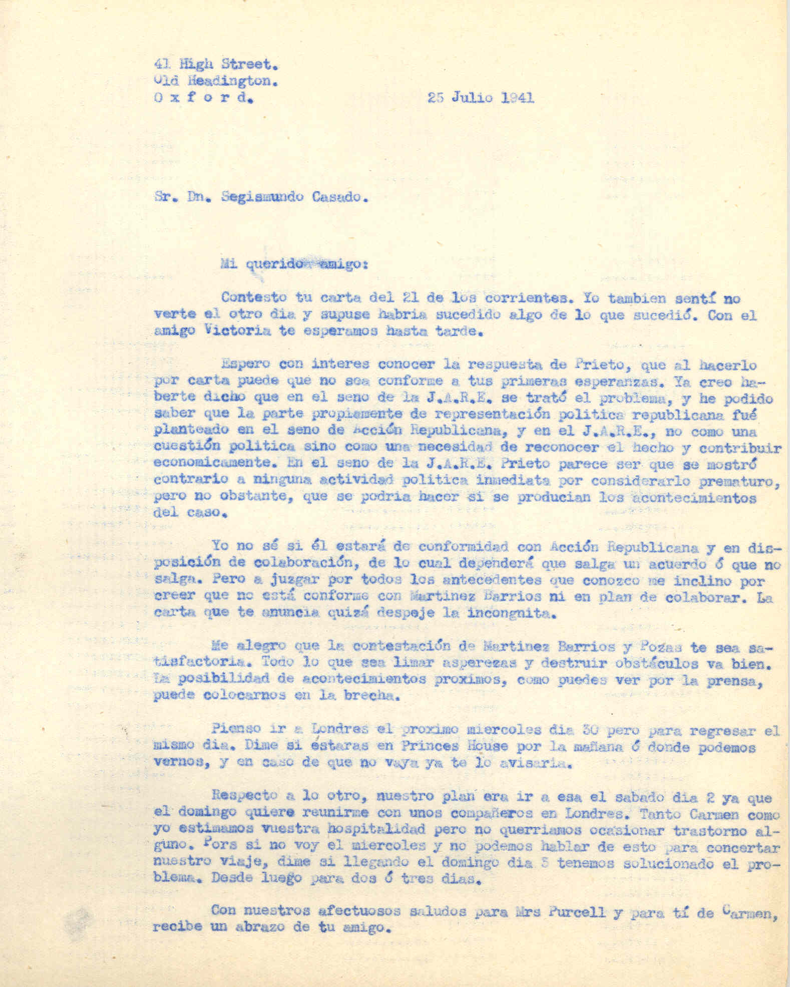 Carta a Segismundo Casado en la que cuenta la negativa de Prieto a que la JARE hiciera alguna actividad política ante los acontecimientos.