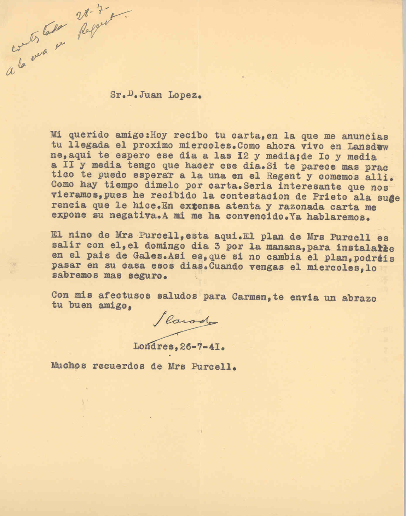 Carta de Segismundo Casado en la que sugiere que se vean para hablar de la contestación de una carta de Prieto.