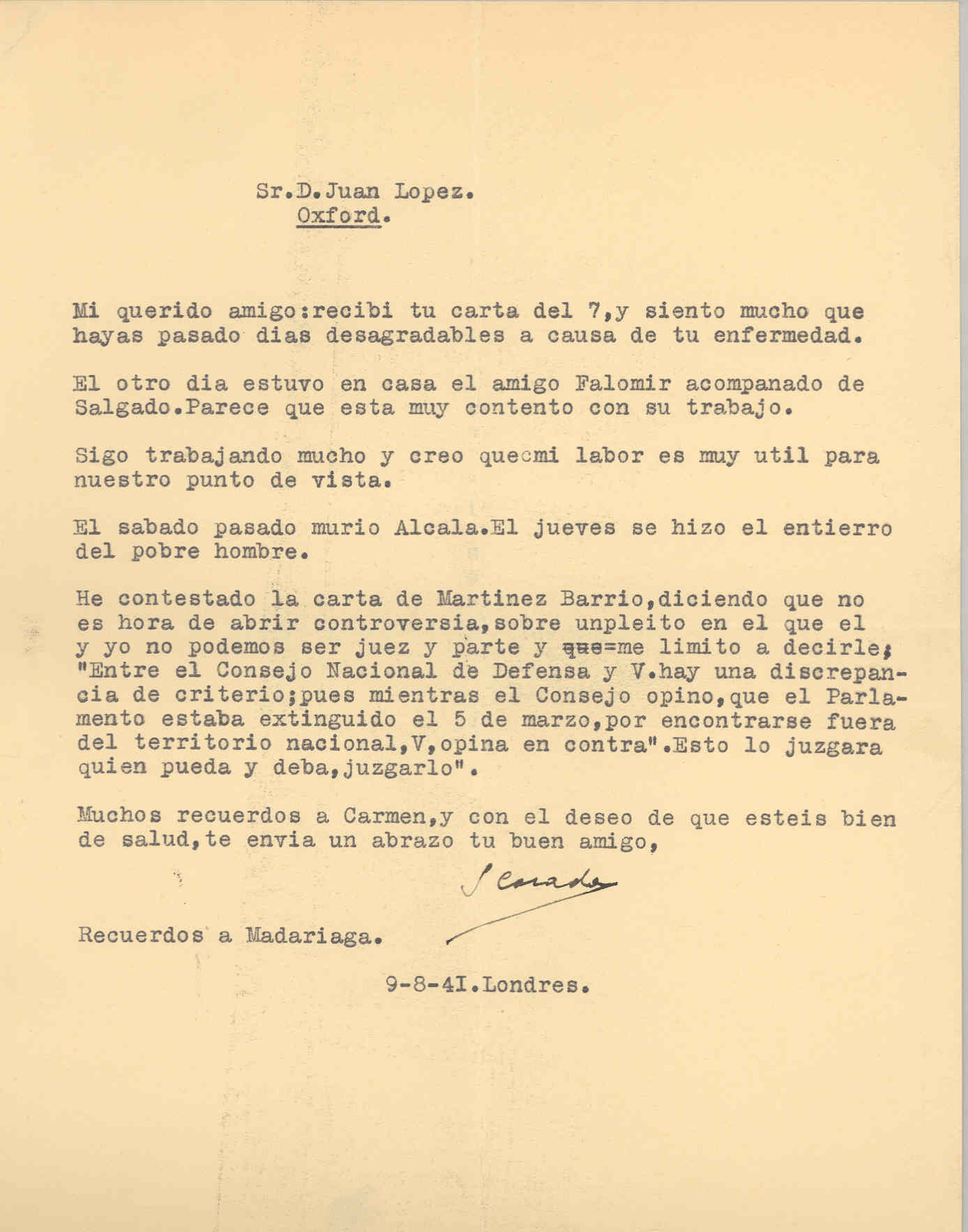 Carta de Segismundo Casado en la que explica las discrepancias de Martínez Barrio con el Consejo Nacional de Defensa.