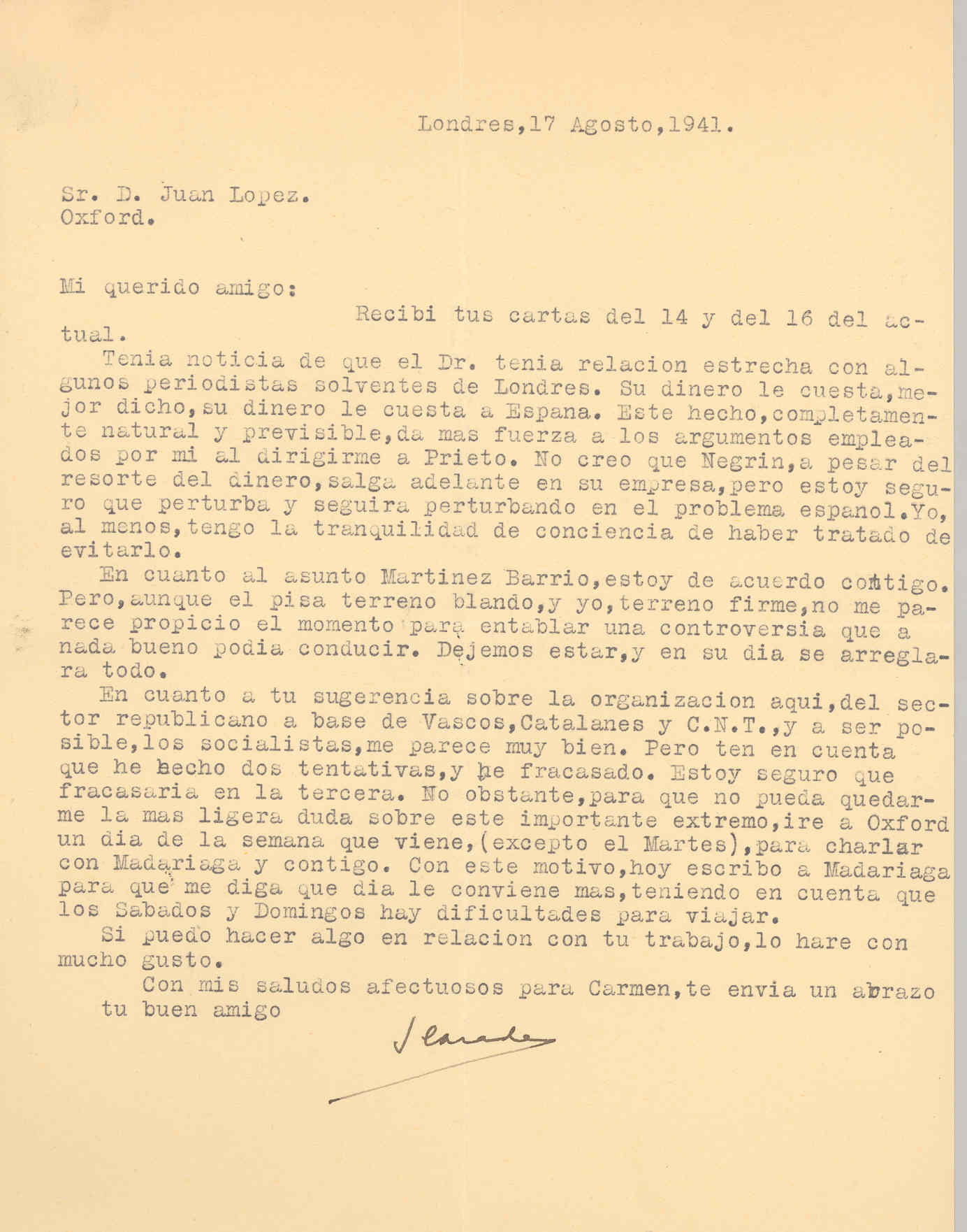 Carta de Segismundo Casado explicando que viajará a Oxford para hablar con Madariaga y López sobre la organización de los republicanos.