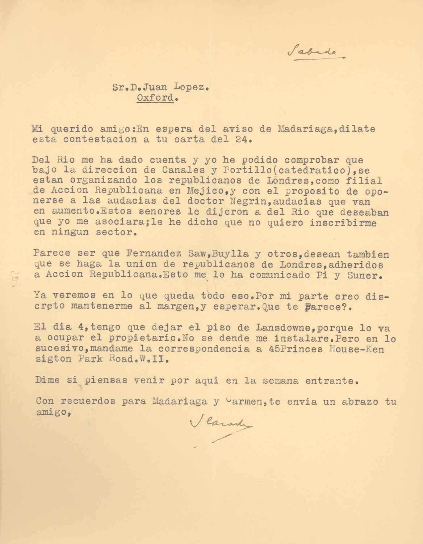 Carta de Segismundo Casado en la que habla de la organización de los republicanos en Londres adheriéndose a Acción Republicana de México en contra de Negrín.