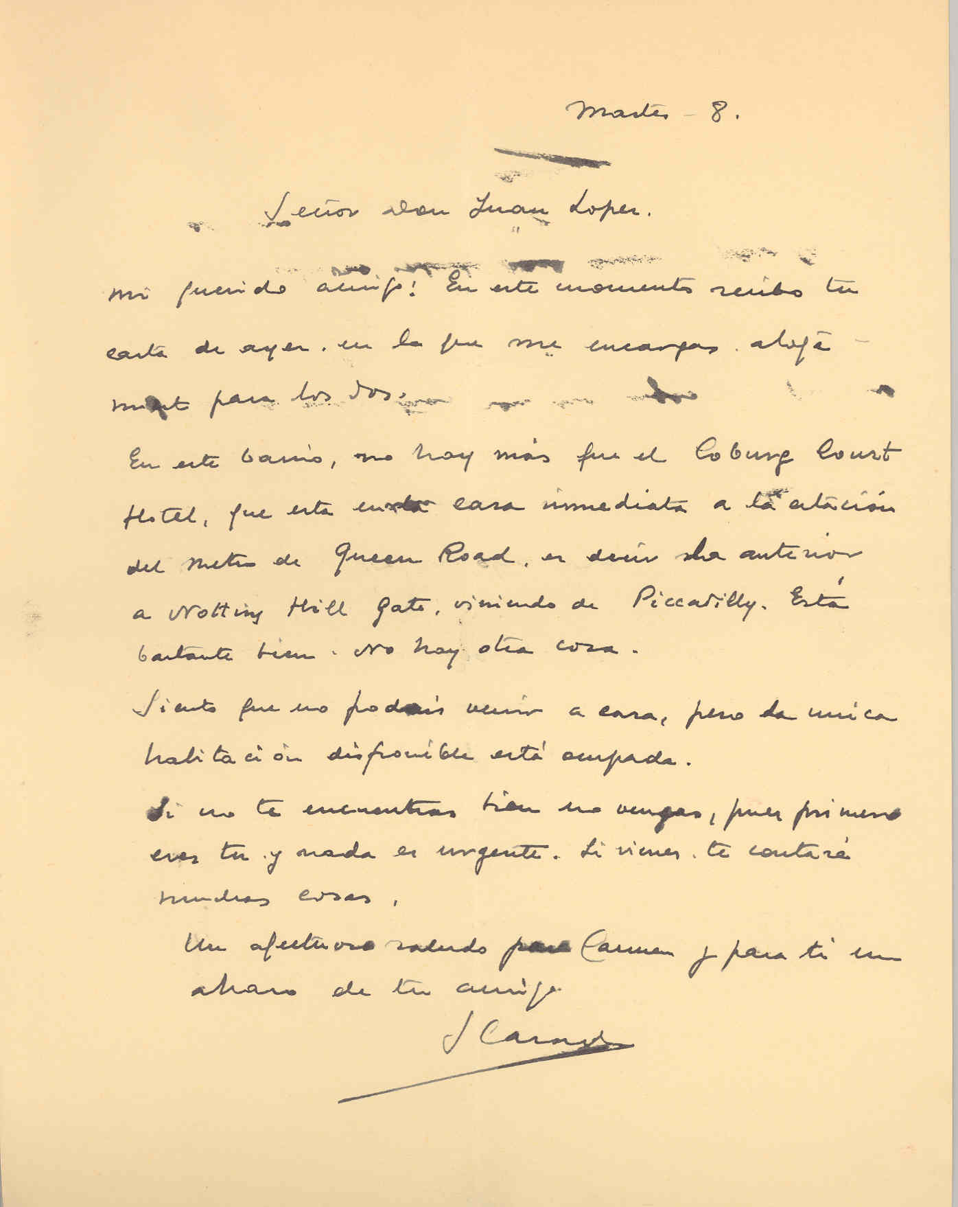 Carta de Segismundo Casado anunciando el nombre del hotel en el que se pueden instalar Juan López y Carmen.