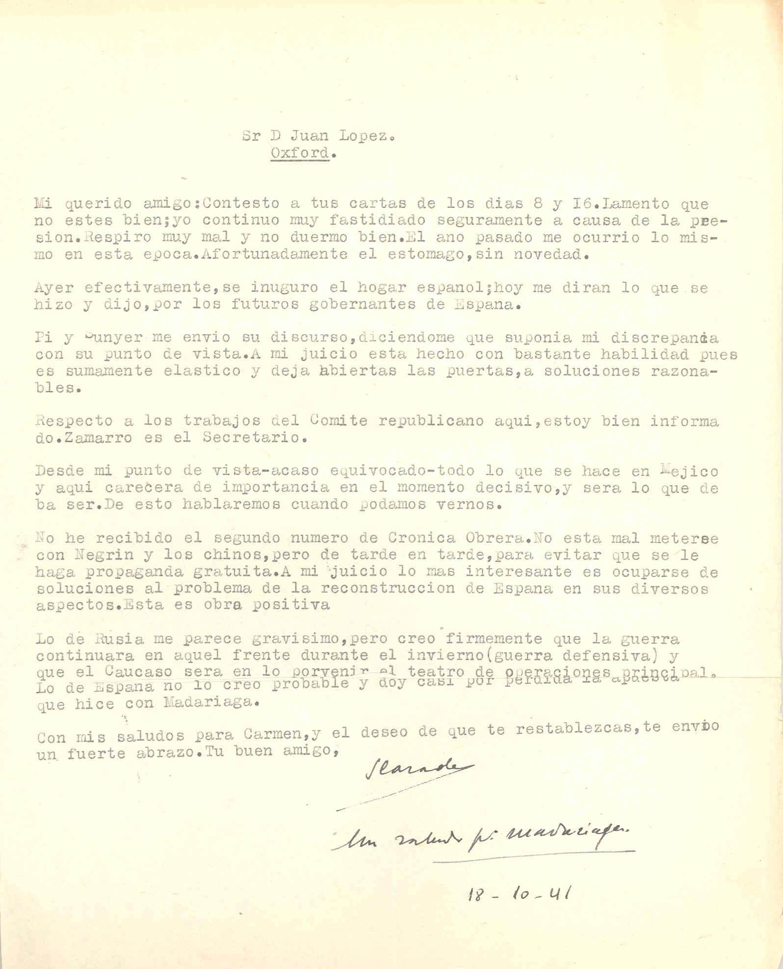 Carta de Segismundo Casado comentando algunos temas como la inauguración del Hogar Español y la situación de Rusia ante la guerra