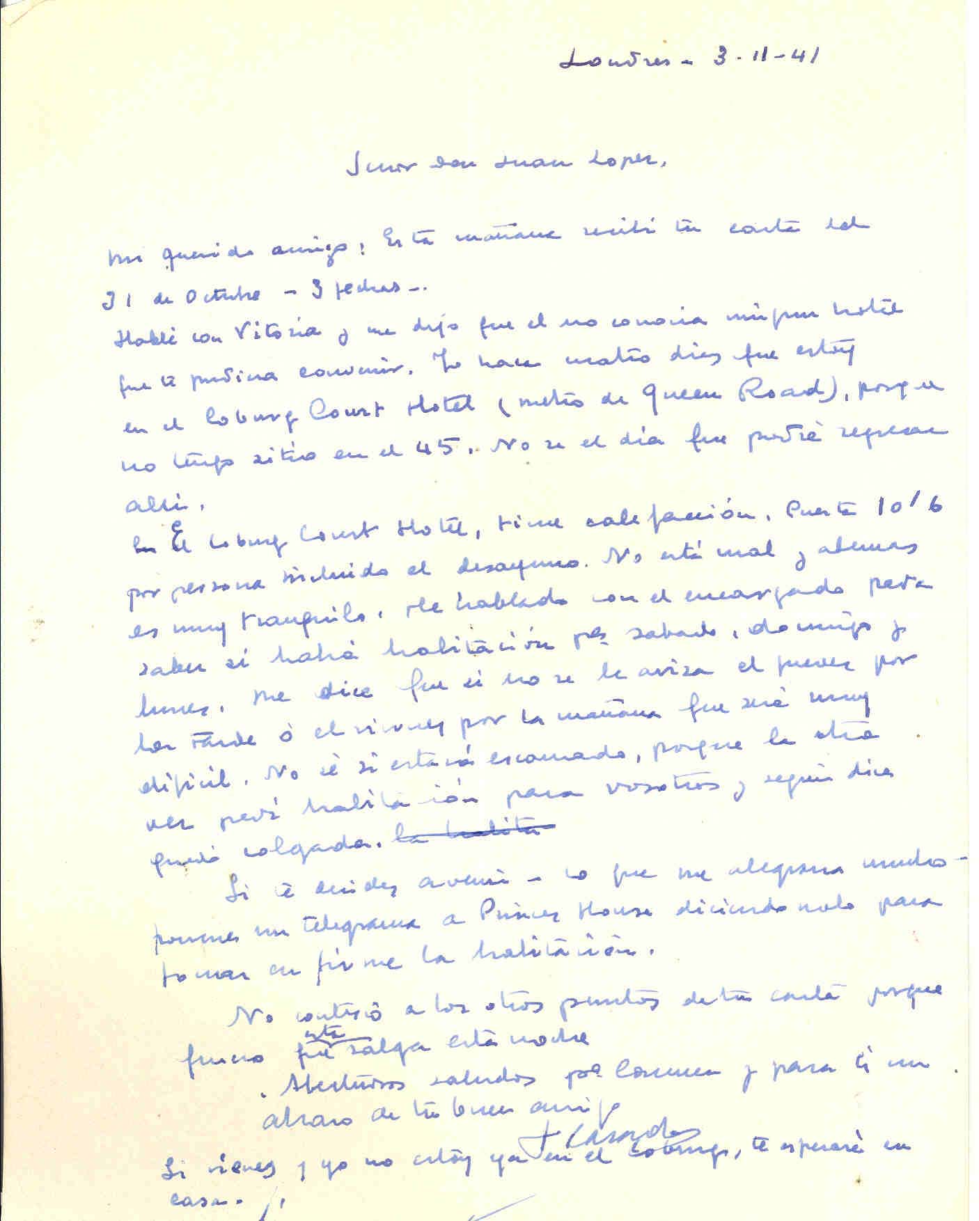 Carta de Segismundo Casado en la que ofrece alojamiento a Juan López para su próxima visita.