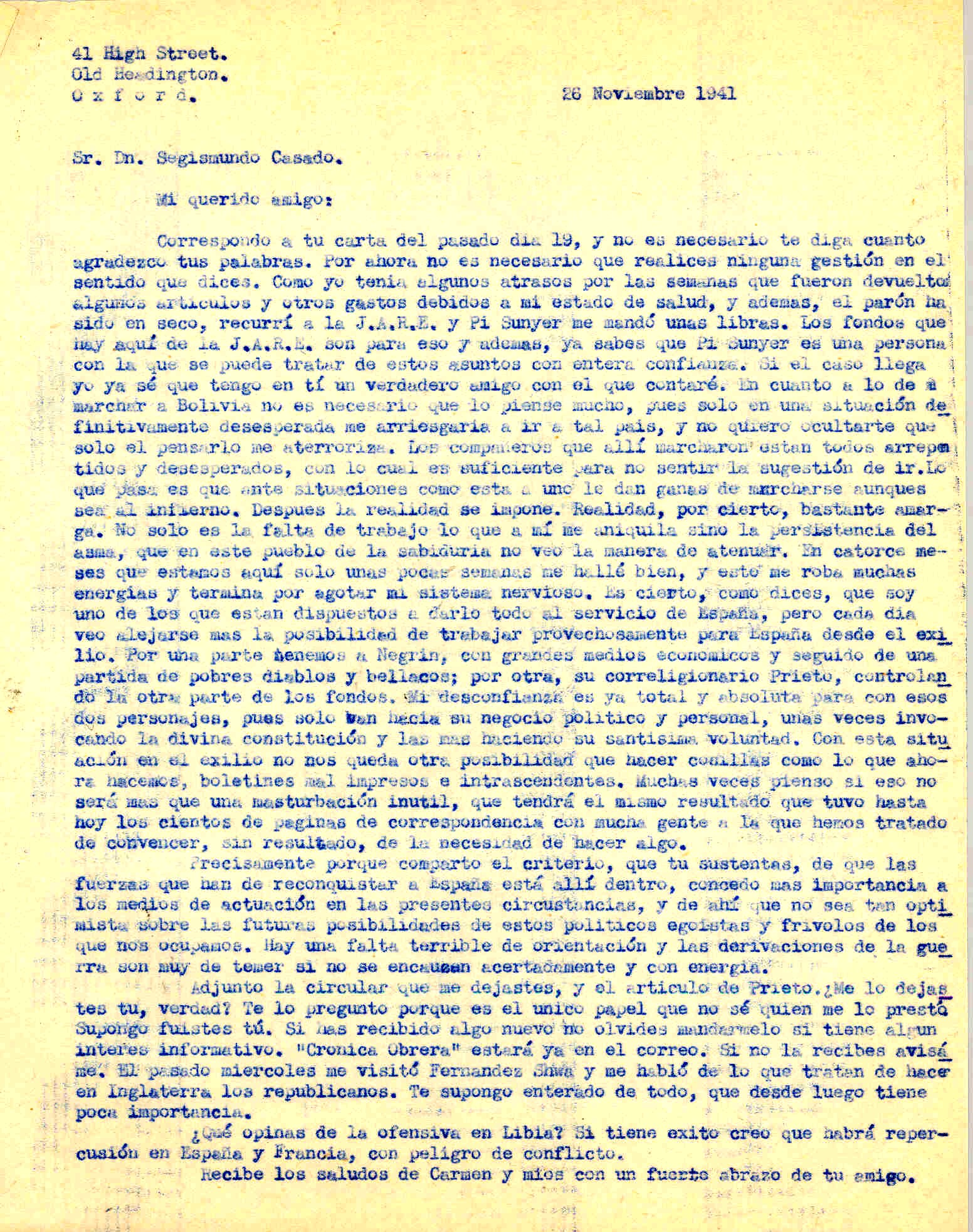 Carta a Segismundo Casado exponiendo su miedo por trasladarse a Bolivia y mostrando su desconfianza hacia Negrín e Indalecio Prieto