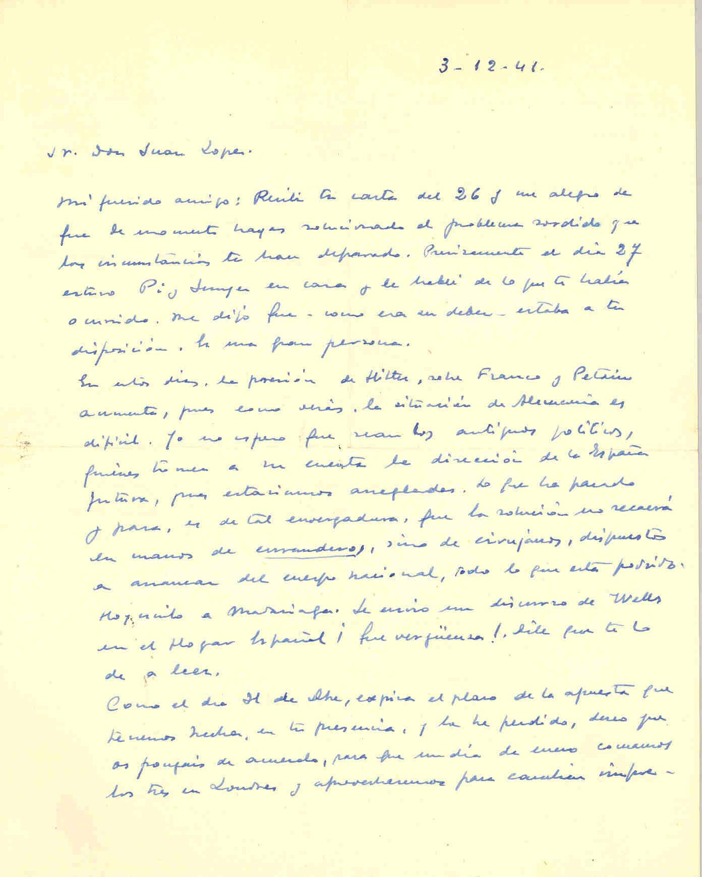 Carta de Segismundo Casado hablando de la posesión de Hitler sobre Franco y Petain y del número 3 de 