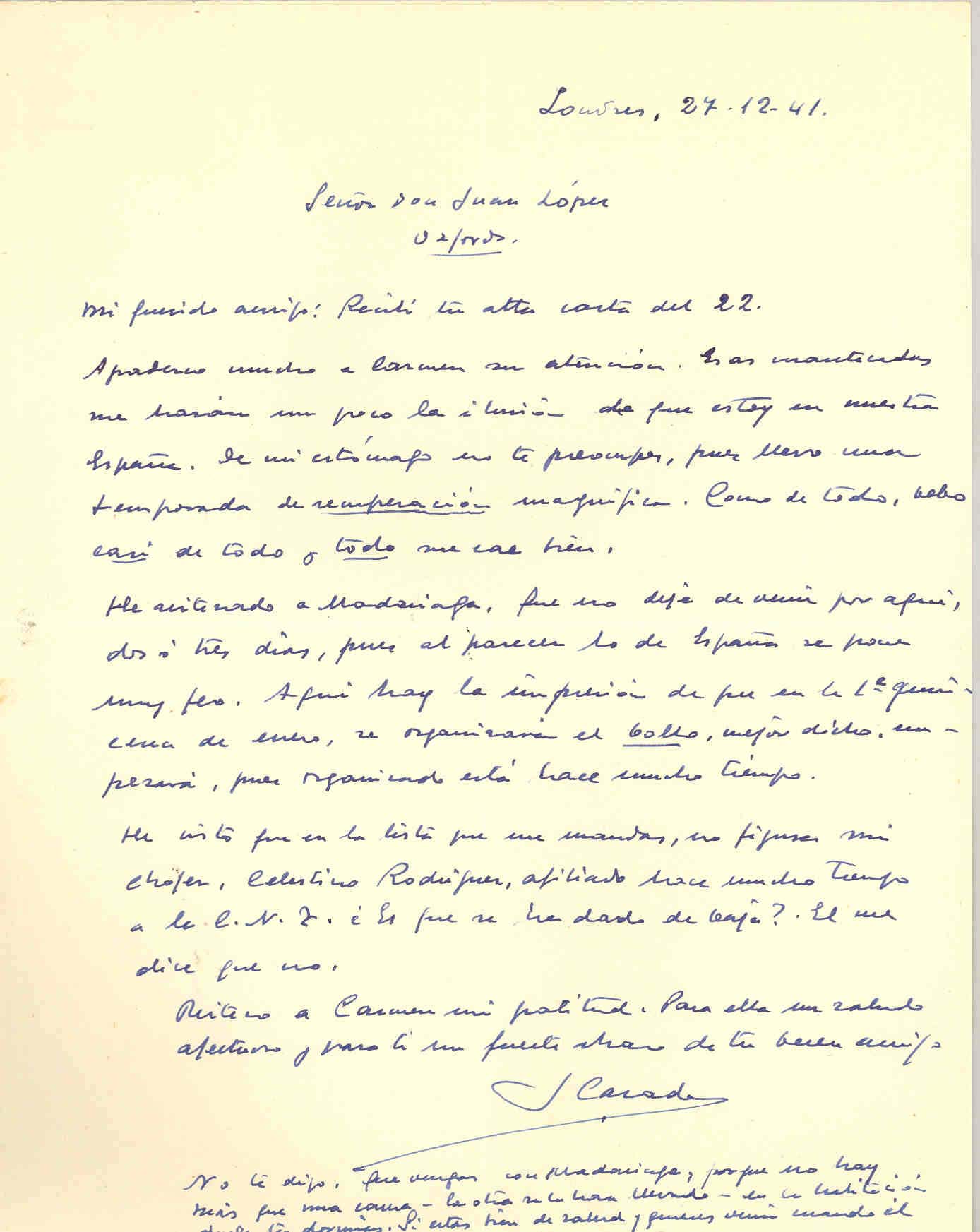 Carta de Segismundo Casado comentando que pronto sucederán hechos relacionados con España y la guerra.