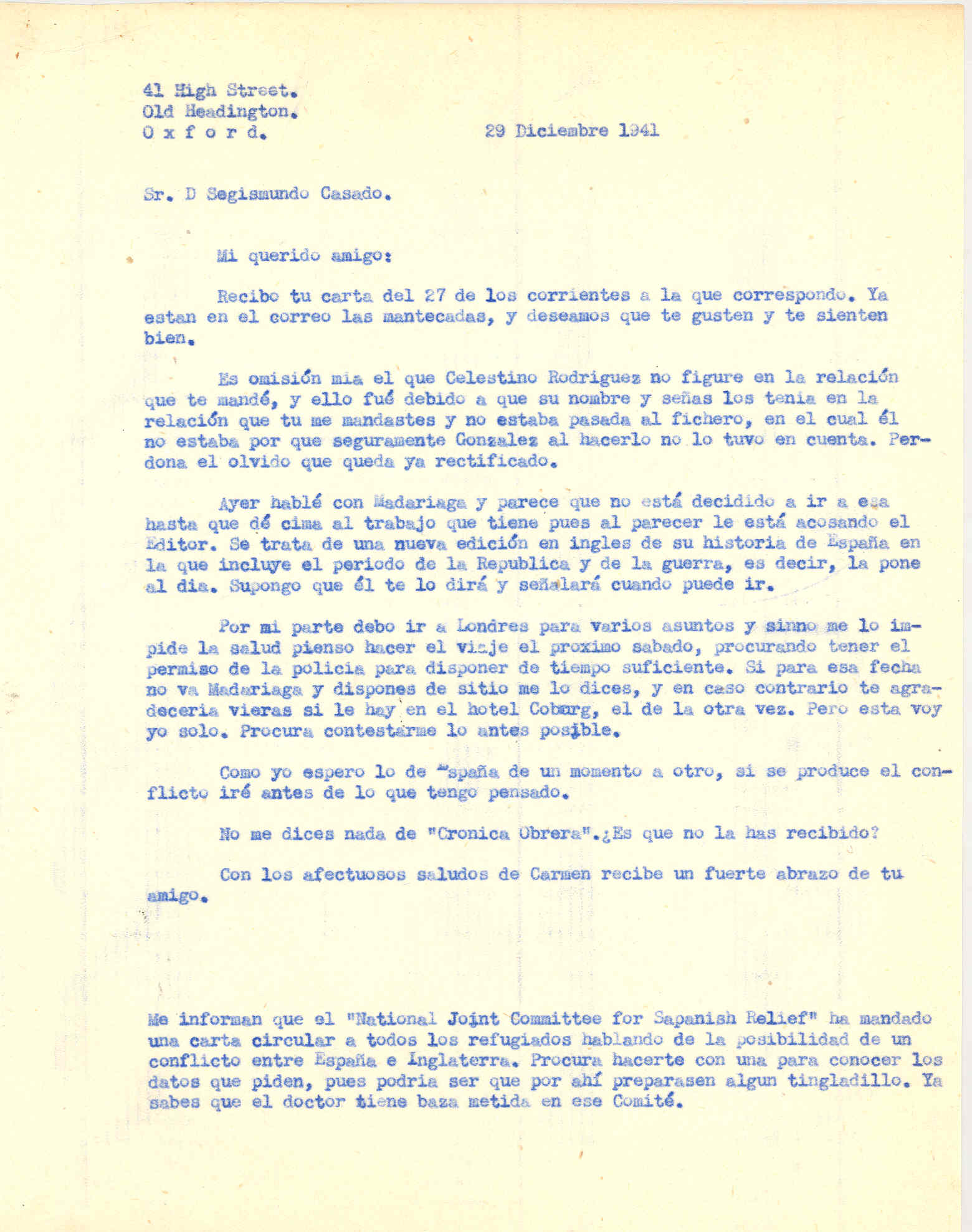 Carta a Segismundo Casado hablando de un posible conflicto entre España e Inglaterra y de un trabajo de Madariaga