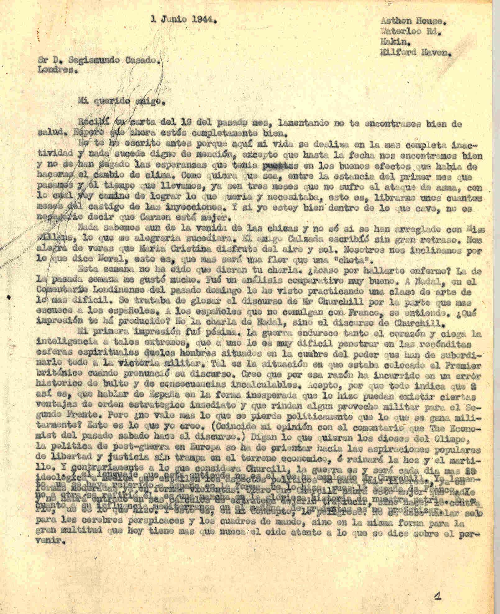 Carta a Segismundo Casado hablando de un discurso de Churchill desglosado por Nadal.