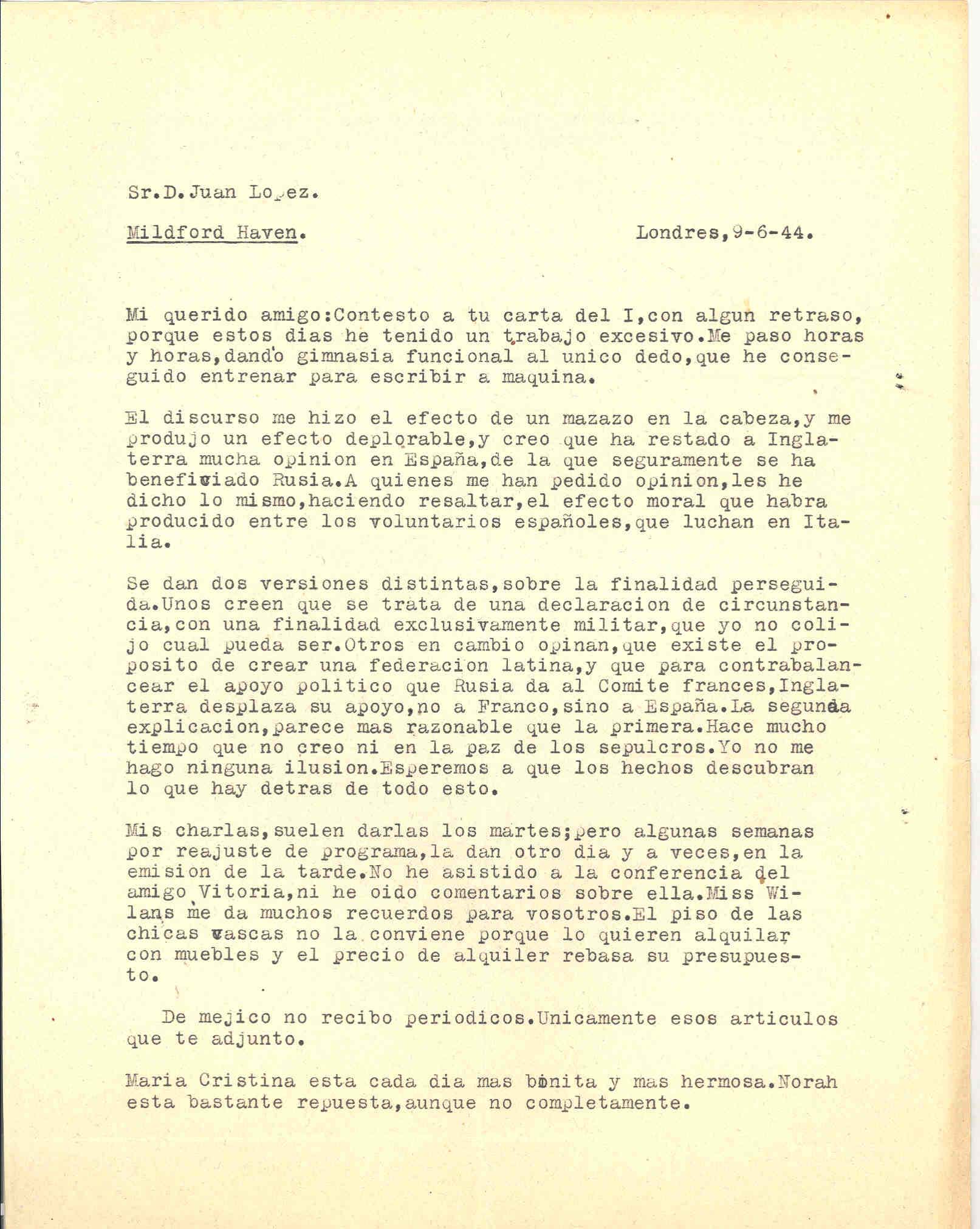 Carta de Segismundo Casado en la que opina del discurso de Churchill, el cual ha restado a Inglaterra mucha opinión en España, beneficiándose Rusia.