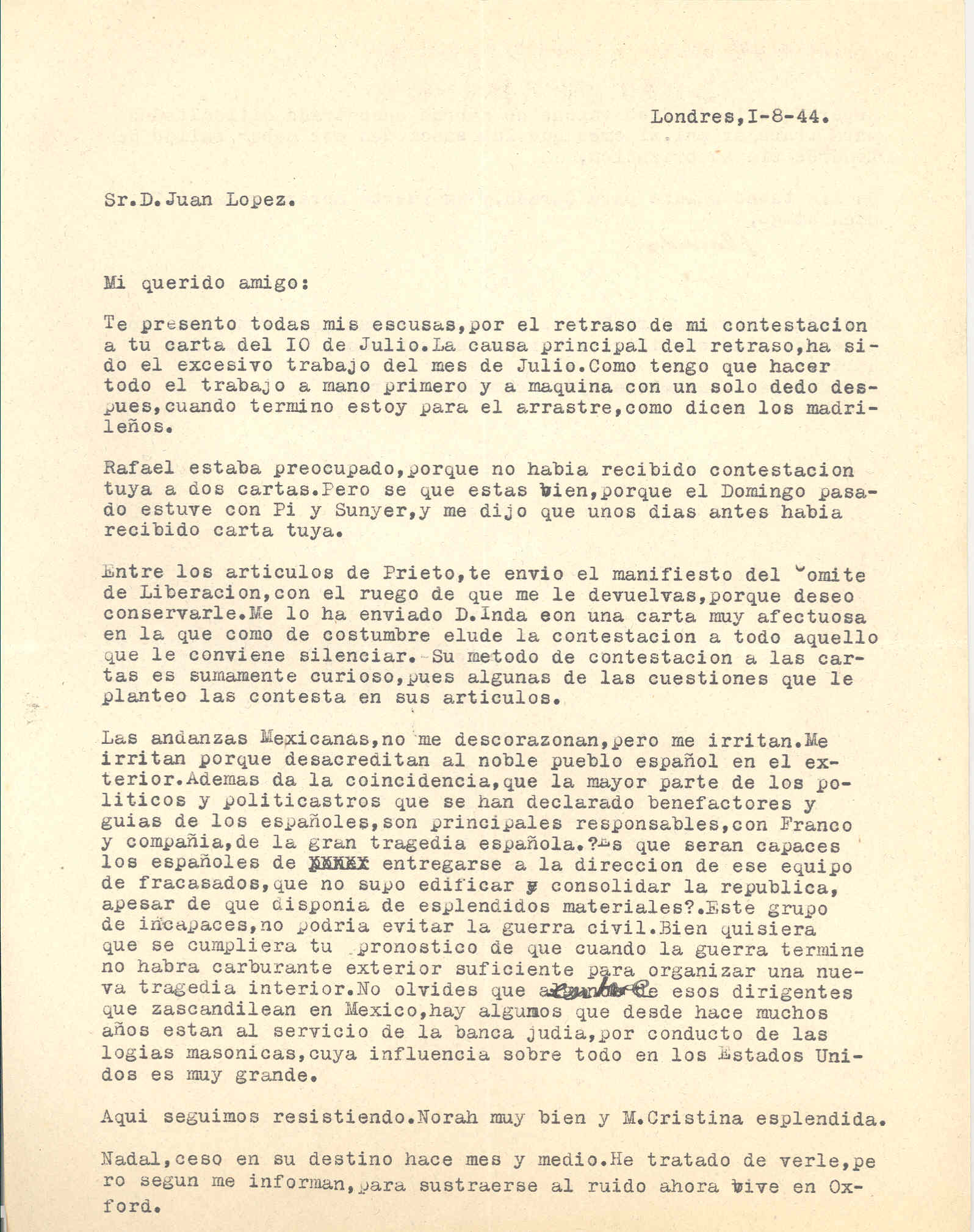 Carta de Segismundo Casado explicando la responsabilidad de Franco y compañía en la tragedia española.
