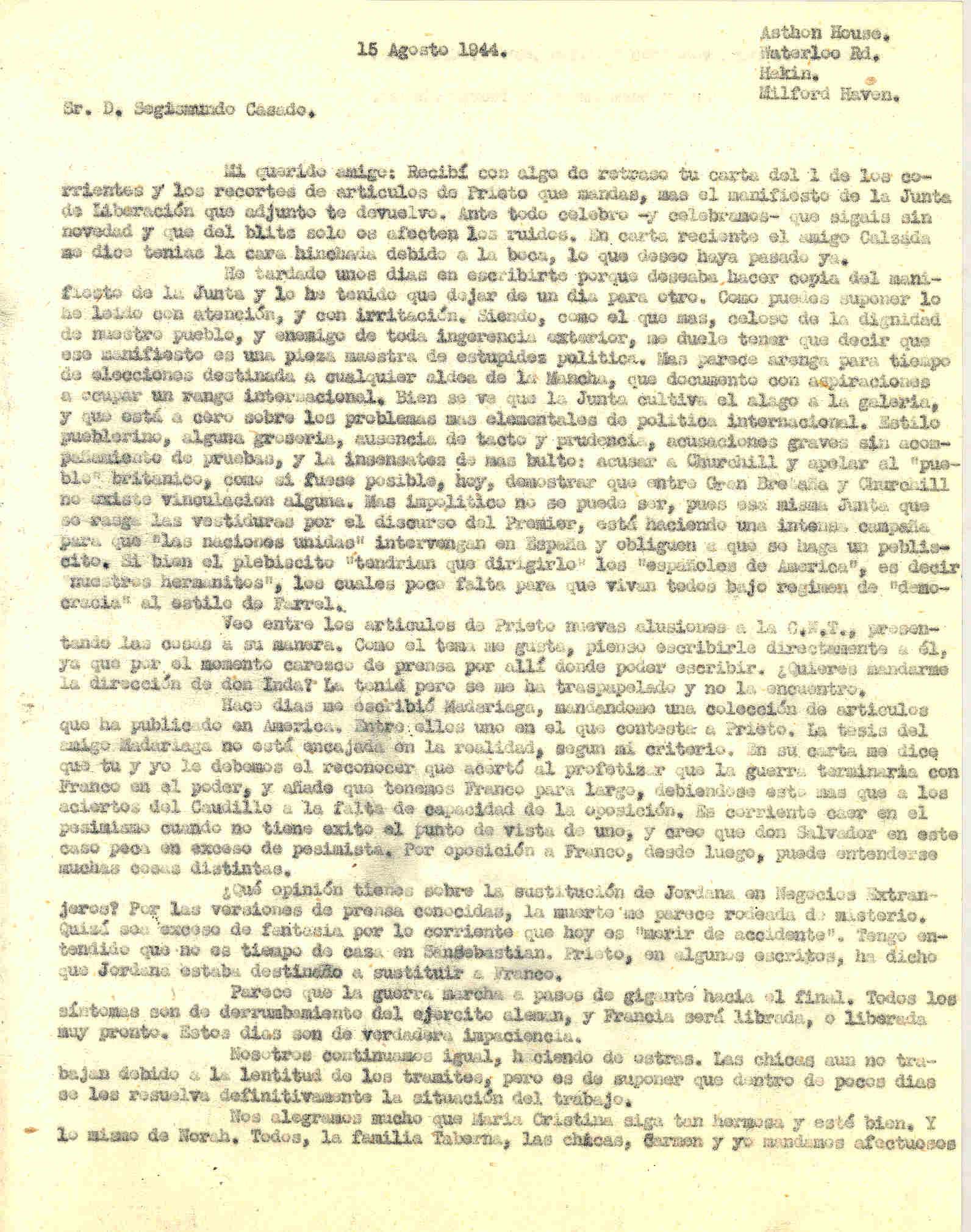 Carta a Segismundo Casado contando la falta de información de la Junta de Liberación respecto a política internacional y de artículos de Madariaga.