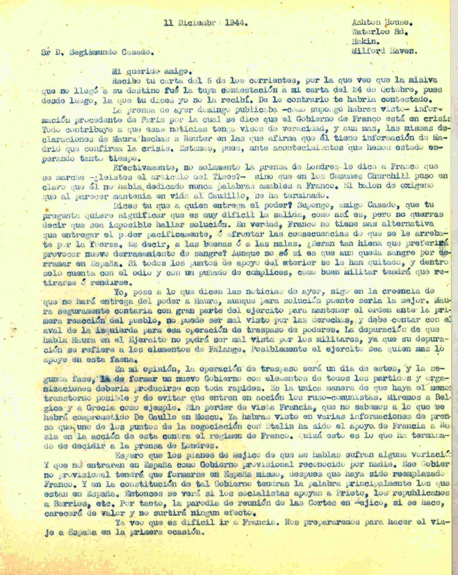 Carta a Segismundo Casado hablando de las publicaciones en la prensa sobre la crisis del gobierno de Franco.