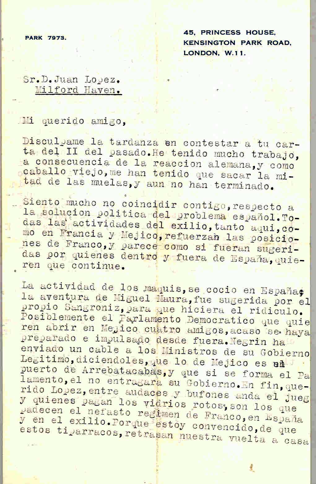 Carta de Segismundo Casado hablando de la influencia de las actividades del exilio a favor de Franco y que el único que podría echar a la Falange es el Ejército.