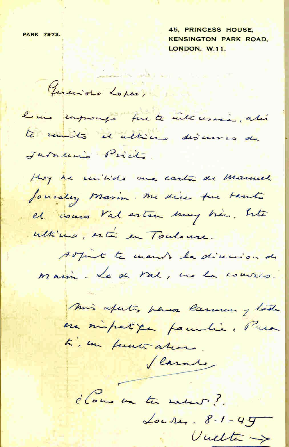 Carta de Segismundo Casado con la que remite el último discurso de Indalecio Prieto y la dirección de González Marín.