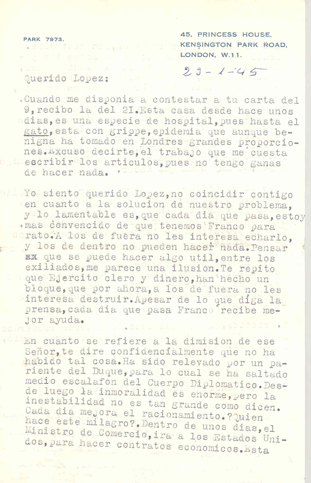 Carta de Segismundo Casado hablando de que no coinciden en la solución del problema español y que el gobierno francés ha terminado con sus abusos debido al reproche de los exiliados.