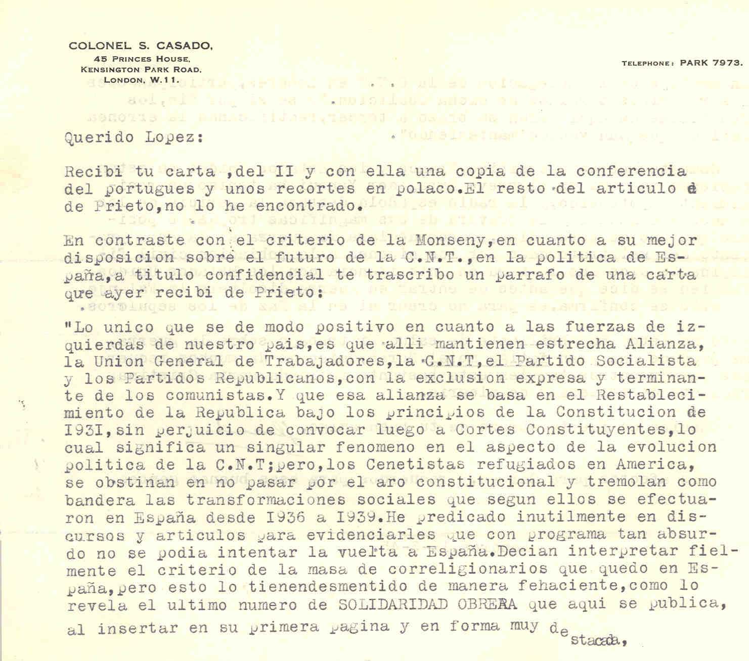 Carta de Segismundo Casado trascribiendo carta de Prieto sobre una  alianza de CNT, UGT y Partido Socialista; también habla de la posible declaración de guerra de Franco a Japón.