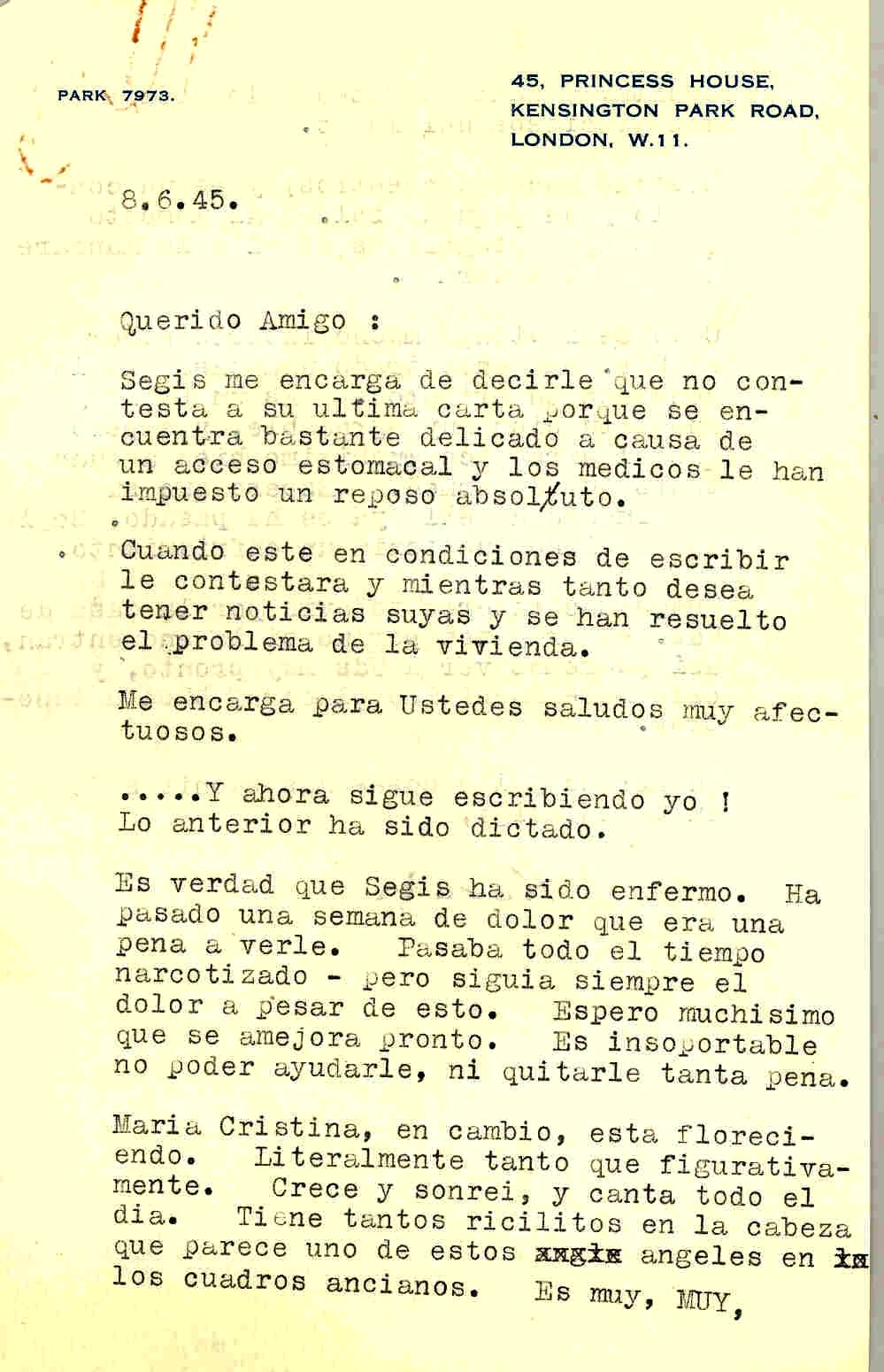 Carta de Norah en representación de Segismundo Casado diciendo que por su estado de salud no puede reponder sus cartas.