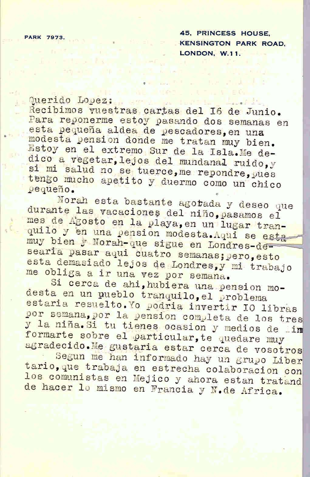 Carta de Segismundo Casado explicando la formación de un grupo libertario que colabora con los comunistas de México y harán lo mismo en Francia y Norte de África; también la formación de un nuevo gobierno catalán en el exilio y de Negrín y los vascos.