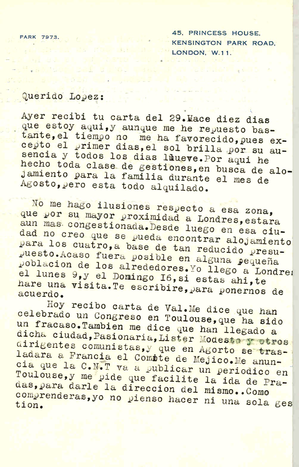 Carta de Segismundo Casado en la que habla de una carta de Val que habla del fracasado congreso celebrado en Toulouse y que se trasladará a Francia el comité de México y que se la CNT va a publicar un periódico en Toulouse.
