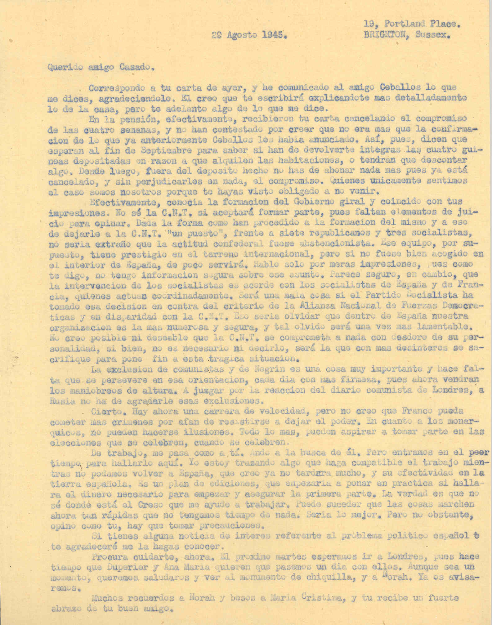 Carta a Segismundo Casado hablando de la formación del gobierno Giral y de la decisión de la CNT de formar parte de él o no.