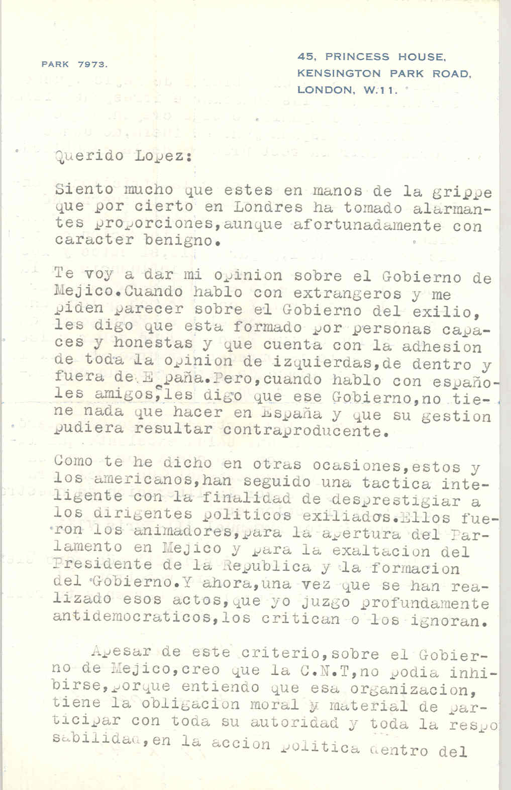 Carta de Segismundo Casado opinando sobre el gobierno de México y que con las fricciones entre Rusia y los anglosajones la fuerza de Franco aumenta.