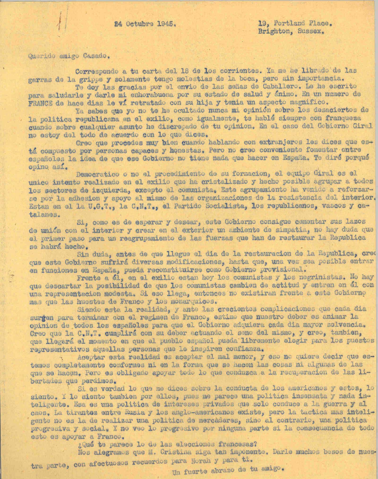 Carta a Segismundo Casado explicando el lado bueno de la formación del gobierno Giral en el exilio para una restauración republicana en España.