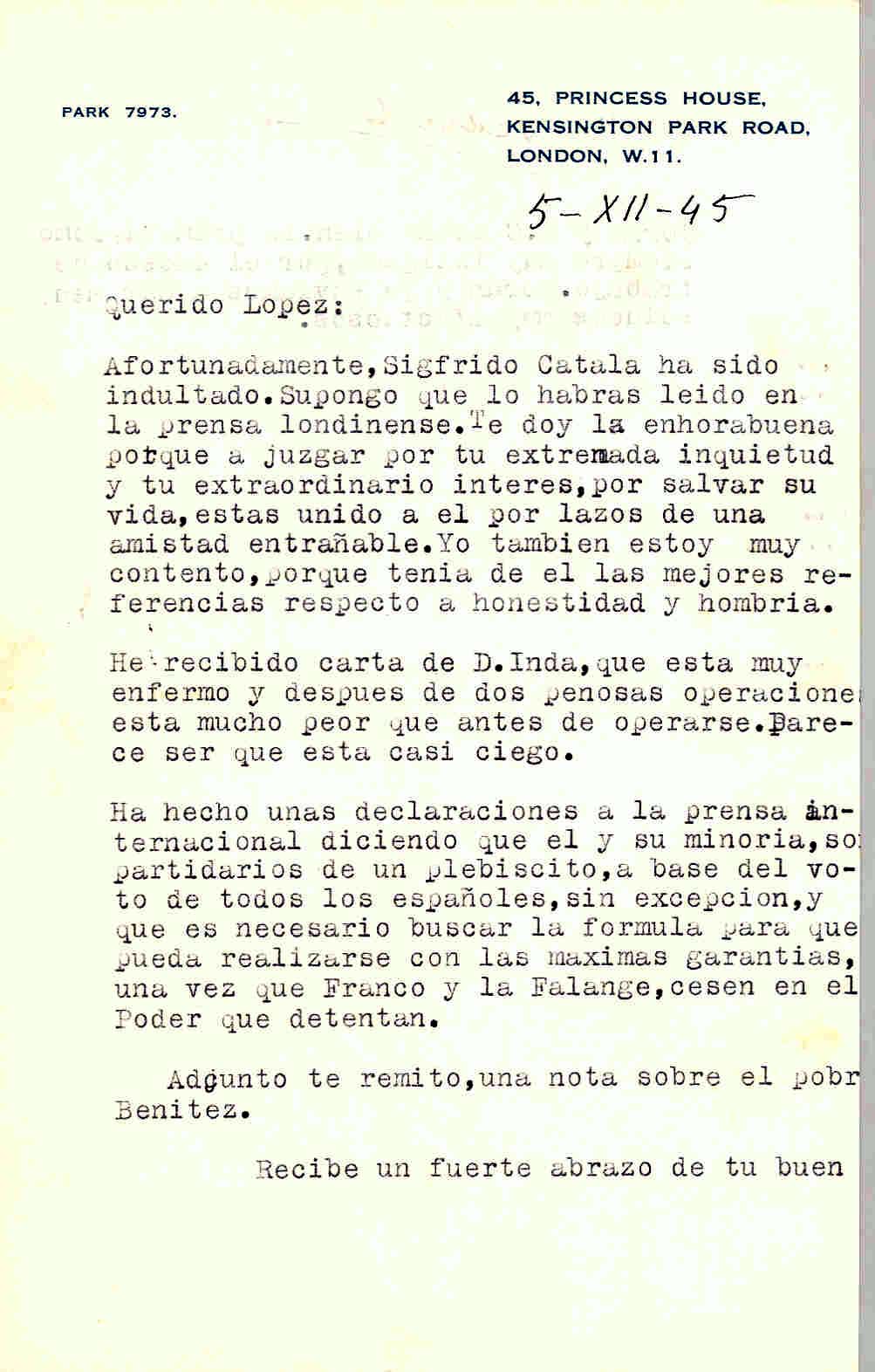 Carta de Segismundo Casado hablando del indulto de Catalá y de unas declaraciones de Prieto en las que pide un plebiscito a base del voto de todos los españoles.