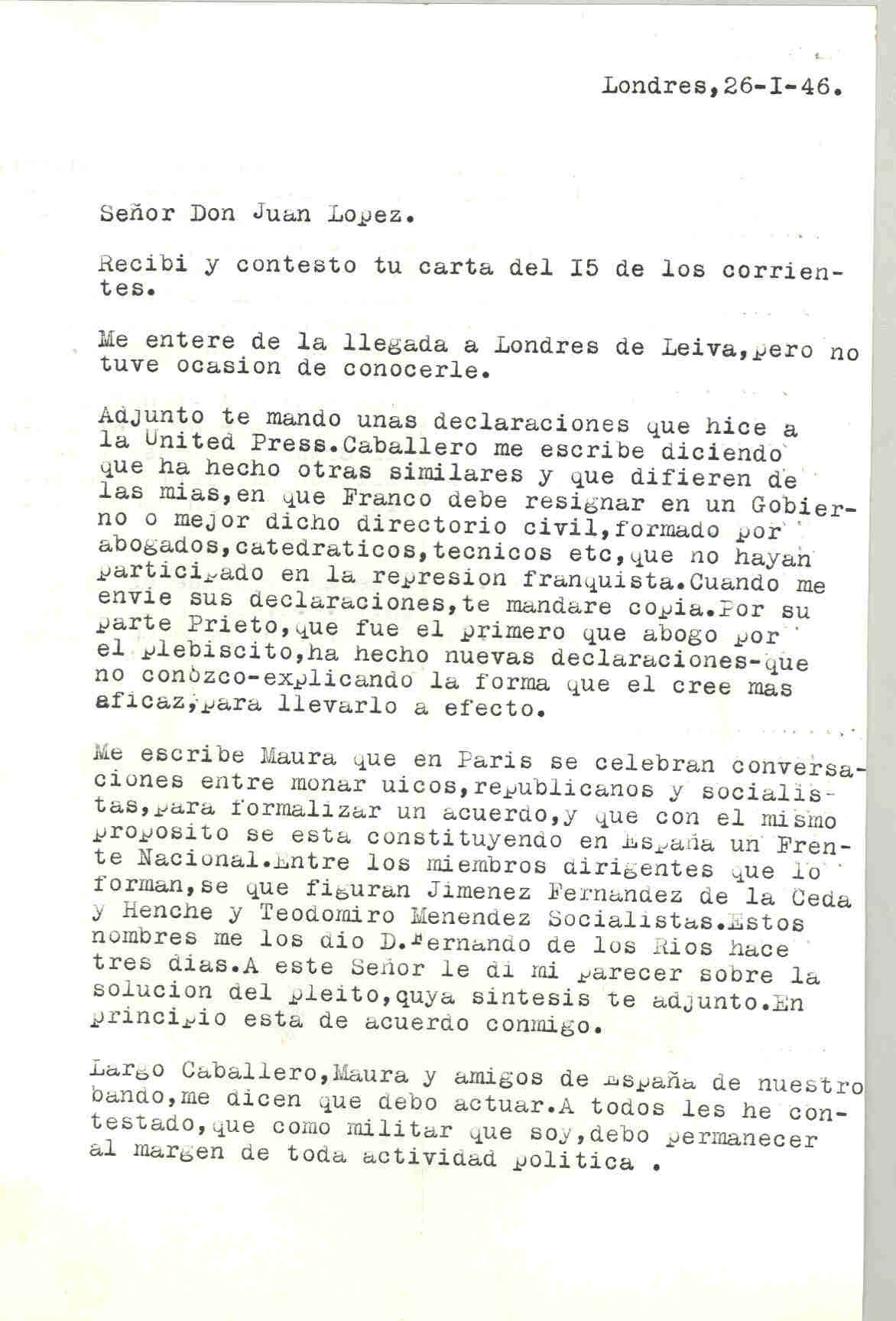 Carta de Segismundo Casado en la que cuenta que Maura le escribe que en París se celebran conversaciones entre monárquicos, republicanos y socialistas para formar un acuerdo, y con el mismo propósito se está constituyendo en España un Frente Nacional.