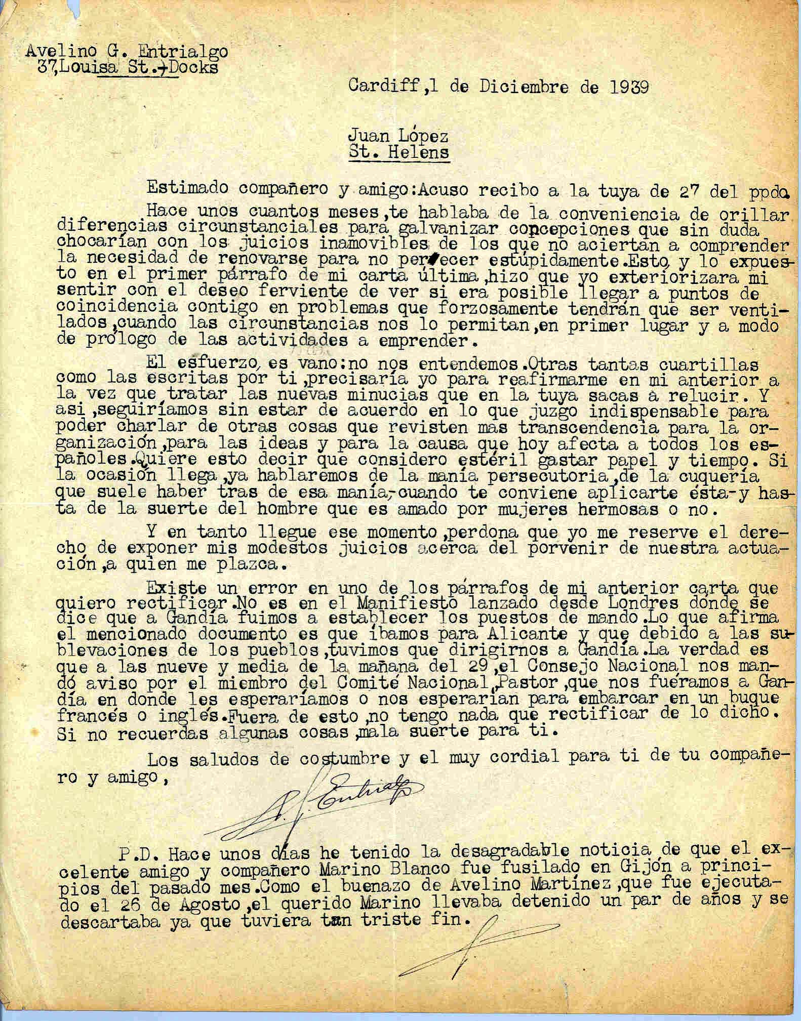 Carta de Avelino González Entrialgo sobre sus discrepancias con Juan López