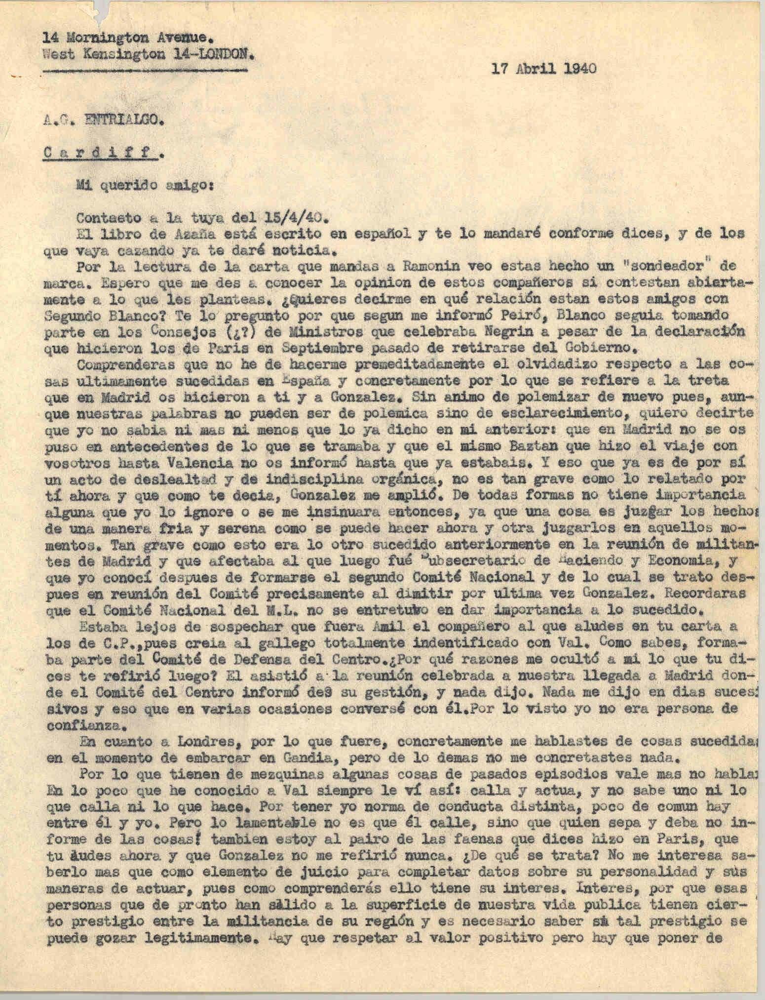 Carta a Avelino González Entrialgo sobre las posibles colaboraciones de los compañeros en la lucha por el futuro del movimiento obrero.