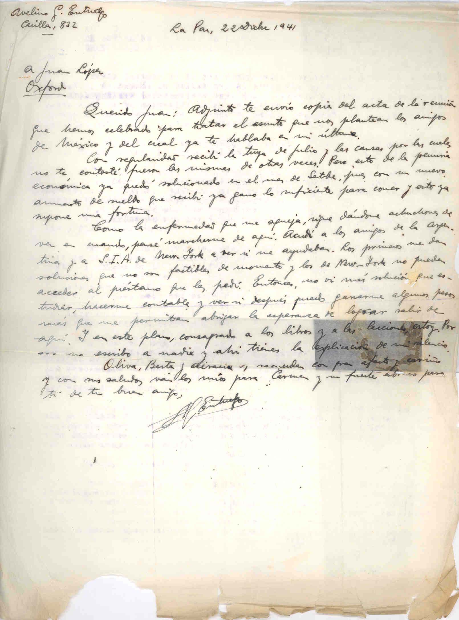Carta de Avelino González Entrialgo en la que habla del acta de la reunión en La Paz por la constitución de la Delegación de la CNT de España en Bolivia.(La Paz, 23/11/1941).