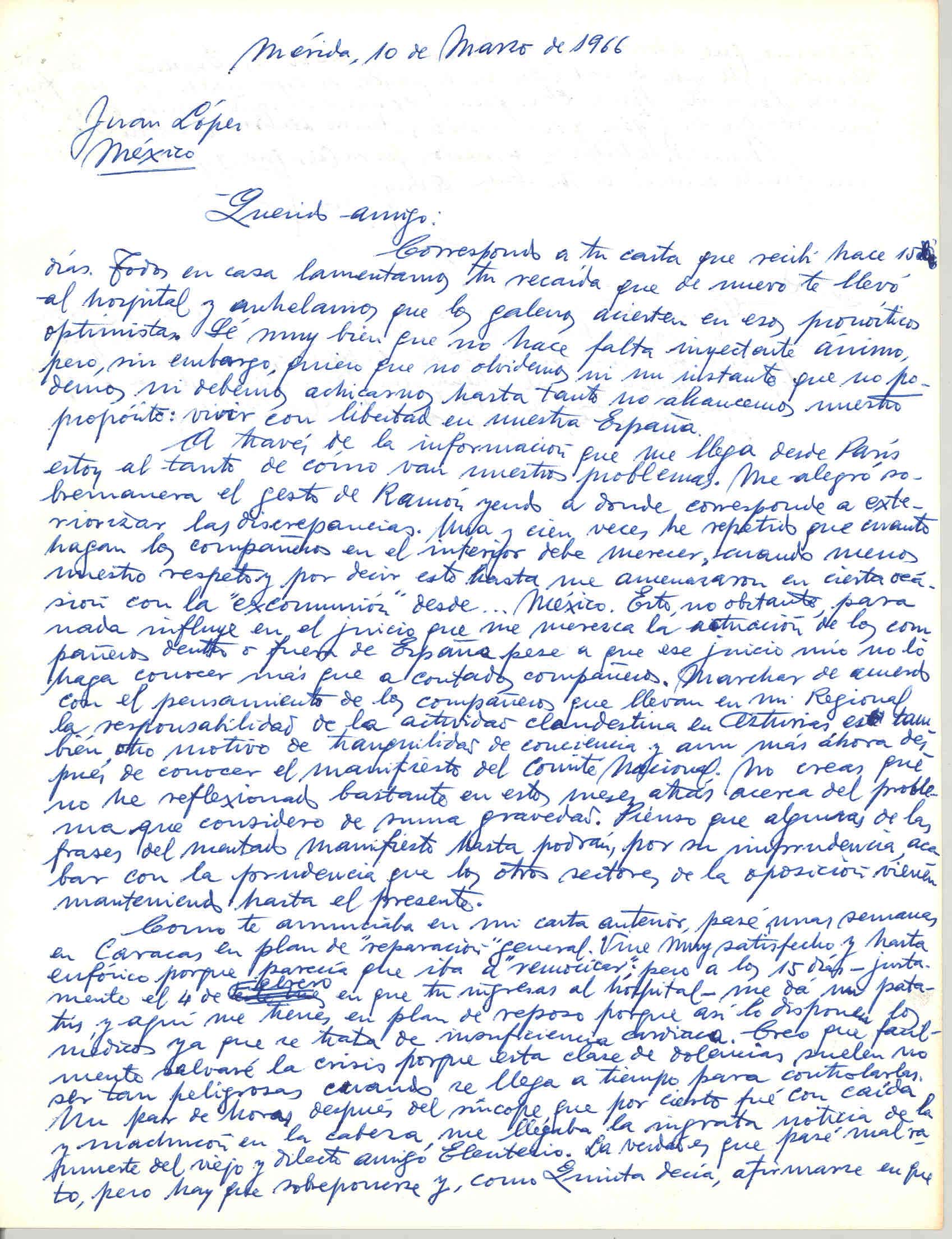 Carta de Avelino González Entrialgo dándole ánimos por su estado de salud y exponiendo las actuaciones de los compañeros en el interior.